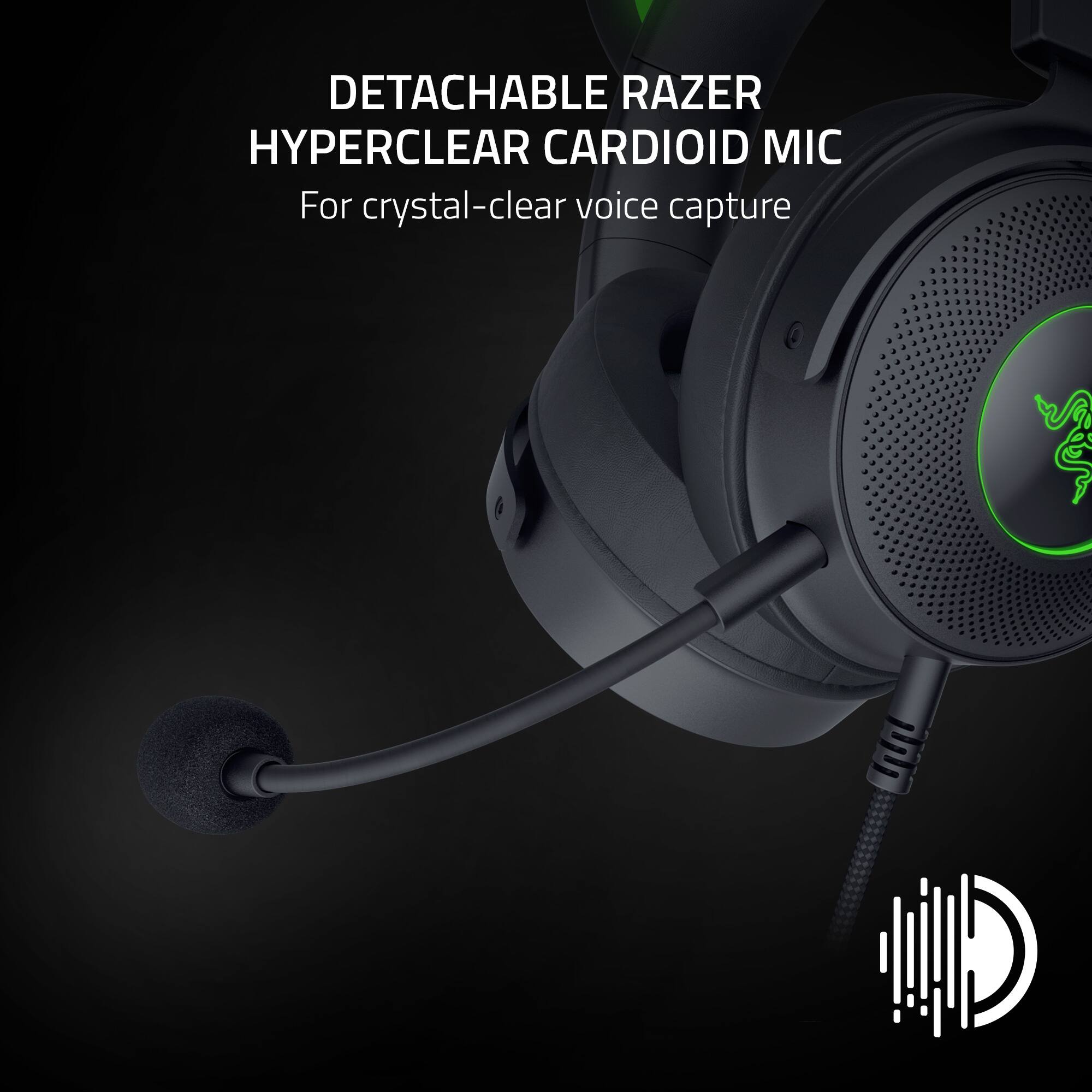 DETACHABLE RAZER HYPERCLEAR CARDIOID MIC For crystal-clear voice capture.