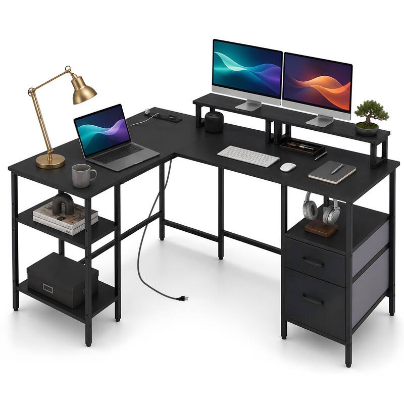 Left. WELLFOR - Reversible L Shaped Desk with Power Outlet & 2 Fabric Drawers， Computer Desk with Open Shelf for Home Office - Black.