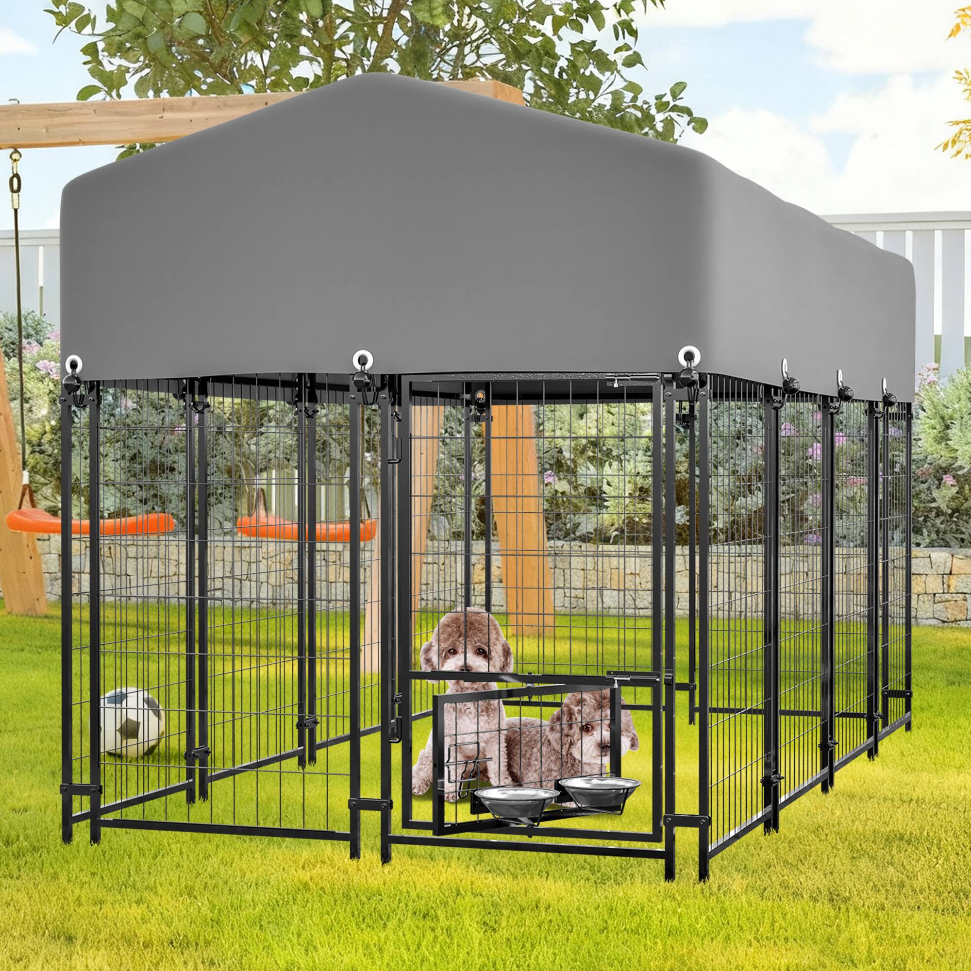 Alt View 9. Siljoy - Outdoor Dog Kennel with Roof, Heavy Duty UV‑Resistant Cover, Dual Lock & Rotating Feeder.