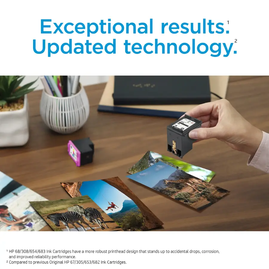 Exceptional results: Updated technology. HP 68/308/654/683 Ink Cartridges have a more robust printhead design that stands up to accidental drops, corrosion, and improved reliability performance compared to previous Original HP 67/305/653/682 Ink Cartridges.