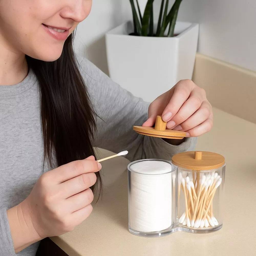 Left. Elle - 2 Section Acrylic Cotton Swab & Makeup Organizer with Bamboo Lid, Compact Nonslip Bathroom Countertop Vanity Storage - Clear/Natural Bamboo.