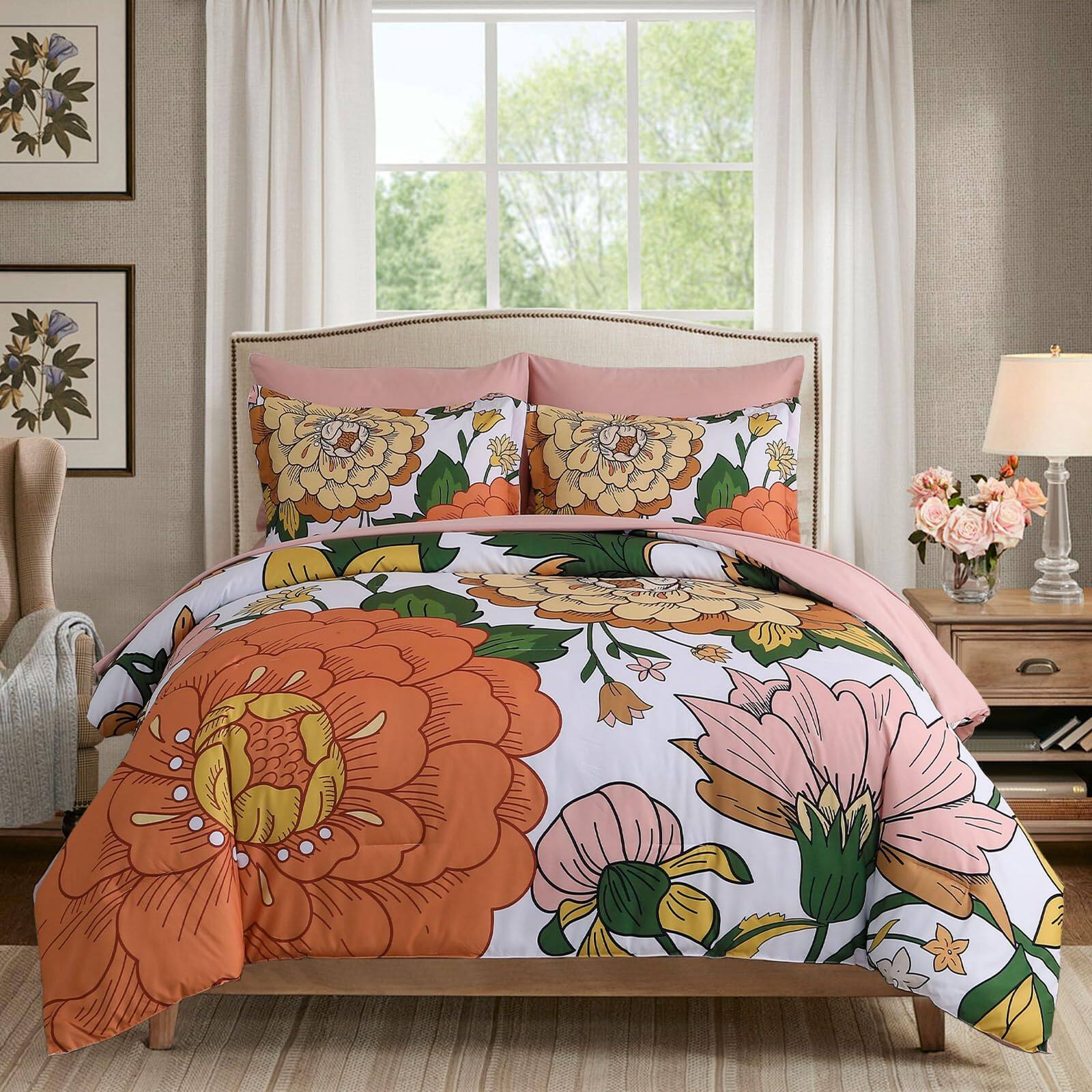 Front. PO3TICJUNKI3 - Floral Comforter Set 7 Piece Boho Flower Bedding With Sheets Pillowcases Quilt Botanical Prints Soft - White-Queen.