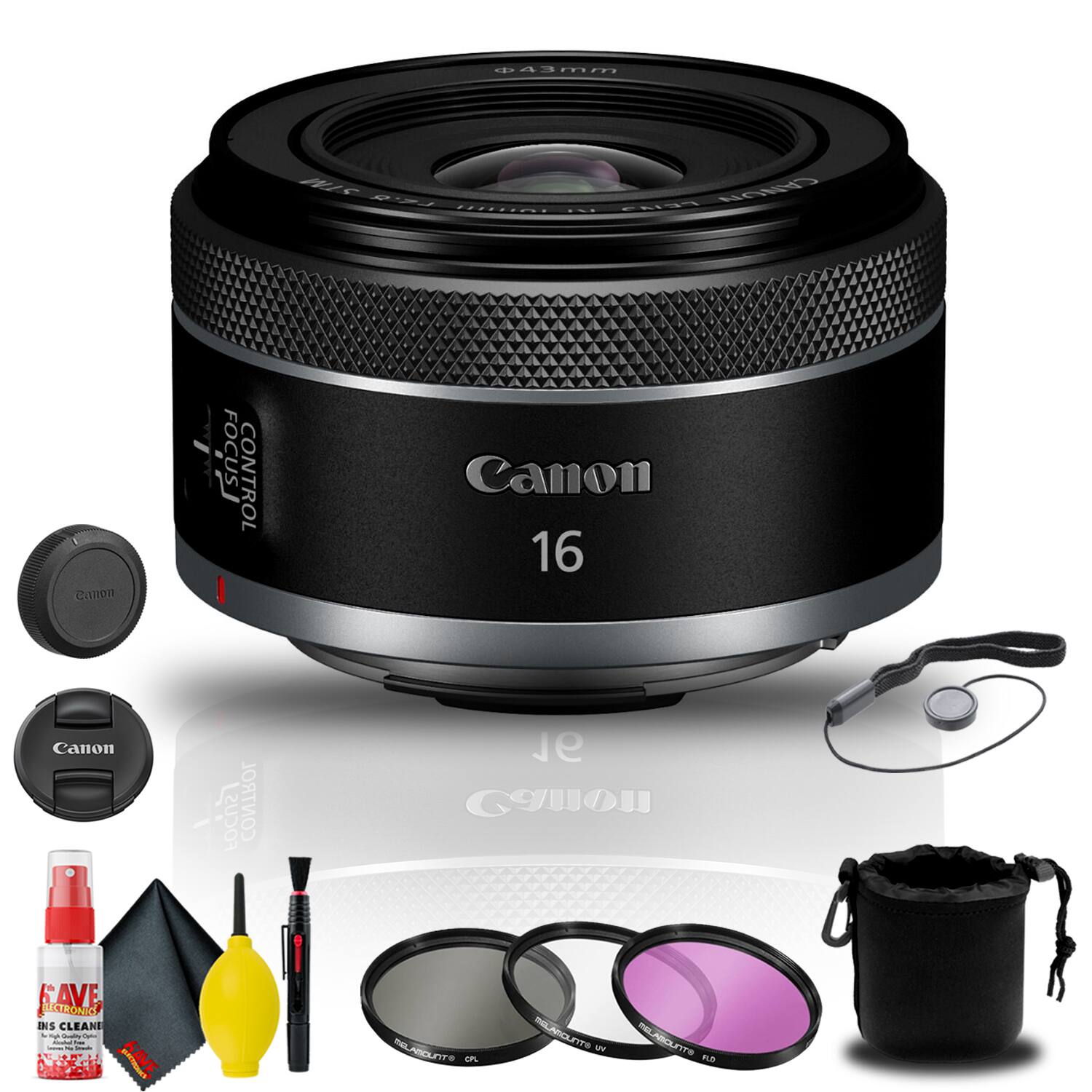 Canon 16mm f/1.4 STM Lens  
- Focus Control  
- Includes:  
  - Lens Hood  
  - Lens Cap  
  - Cleaning Kit (Lens Cleaner, Microfiber Cloth, Air Blower)  
  - UV Filter  
  - ND Filter  
  - Lens Case
