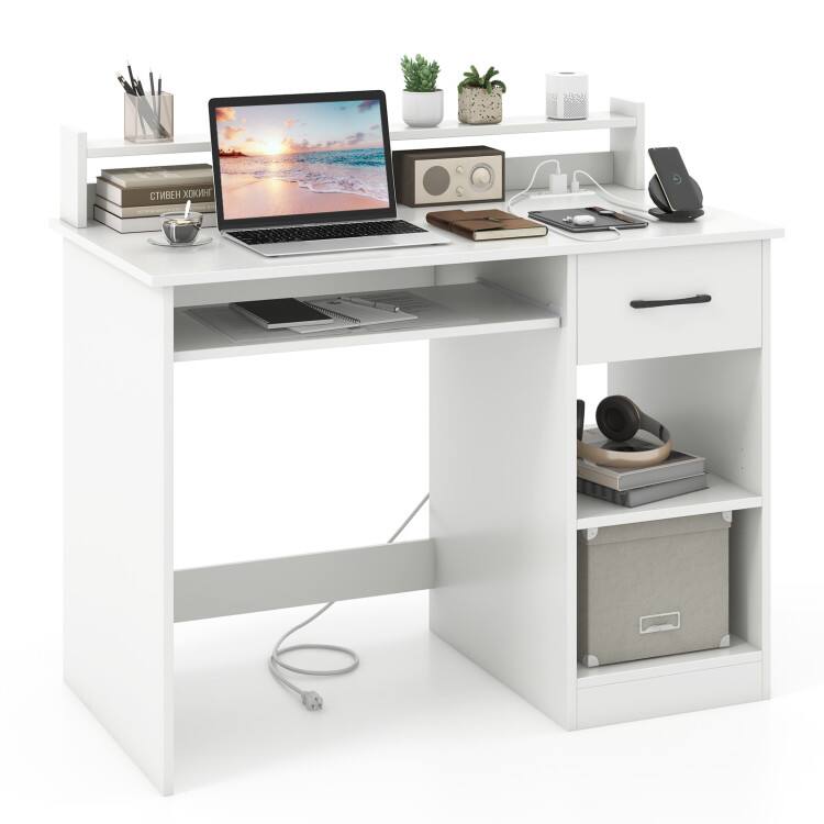 Front. SlickBlue - Adjustable Shelf Desk with Integrated Charging Station for Home Office - White.