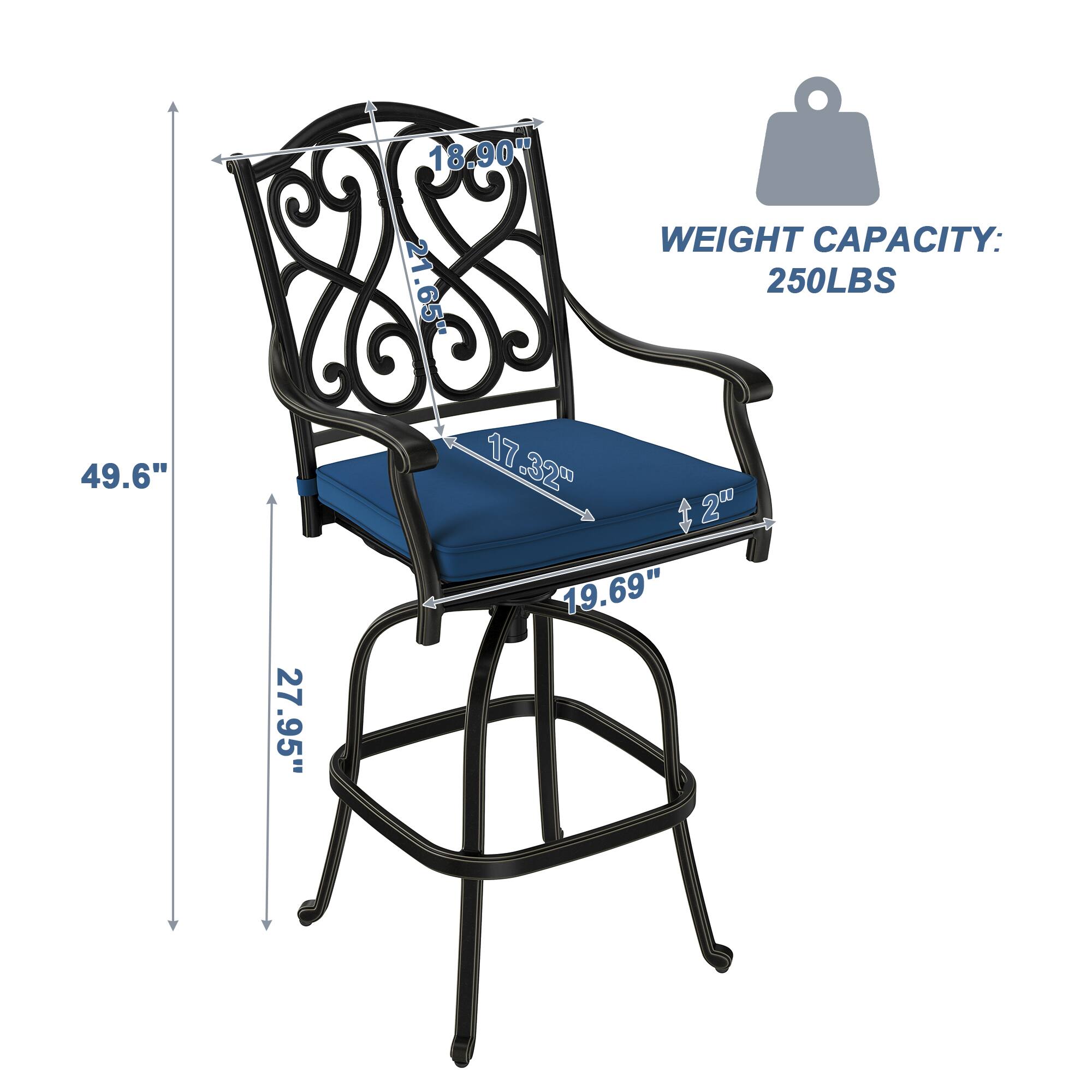 18.90"  
21.65"  
WEIGHT CAPACITY: 250LBS  
49.6"  
27.95"  
17.32"  
2"  
19.69"