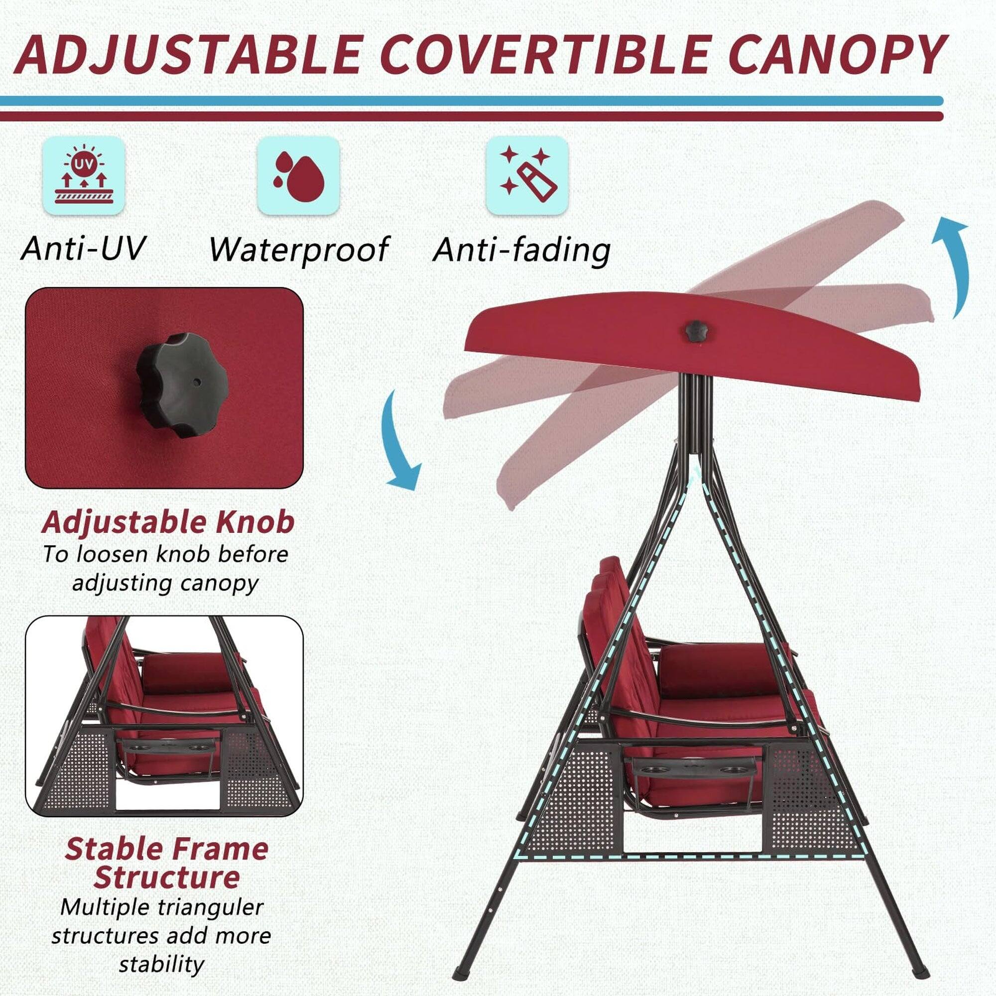 ADJUSTABLE COVERTIBLE CANOPY

- Anti-UV
- Waterproof
- Anti-fading

Adjustable Knob
To loosen knob before adjusting canopy

Stable Frame Structure
Multiple trianguler structures add more stability