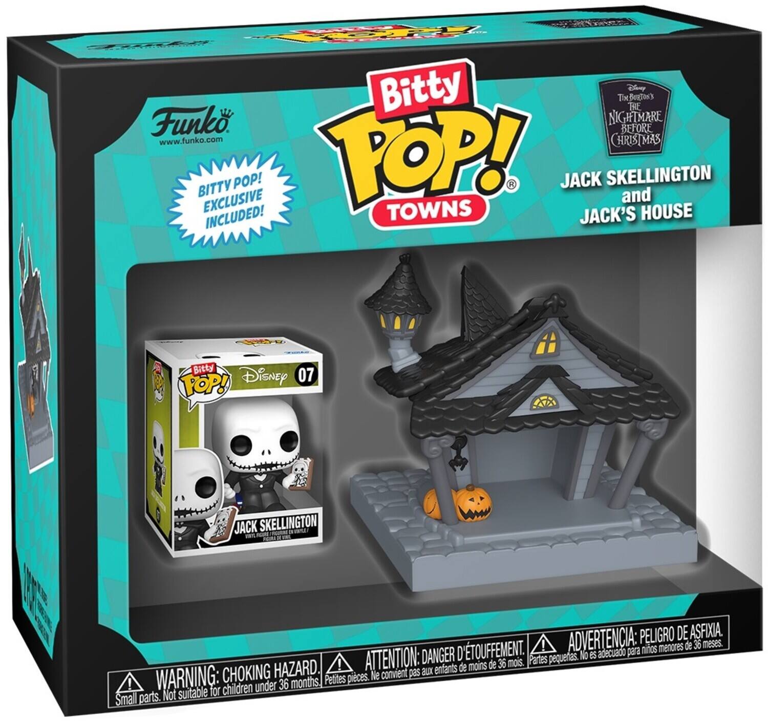 Funko  
www.funko.com  

Bitty Pop!  
Exclusive Included!  

Disney  
The Nightmare Before Christmas  

Bitty Pop!  
Towns  

Jack Skellington and Jack's House  

07  

WARNING: CHOKING HAZARD.  
Small parts. Not suitable for children under 36 months.  

ADVERTENCIA: PELIGRO DE ASFIXIA.  
Piezas pequeñas. No es adecuado para niños menores de 36 meses.  

ATTENTION: DANGER D'ÉTOUFFEMENT.  
Petites pièces. Ne convient pas aux enfants de moins de 36 mois.
