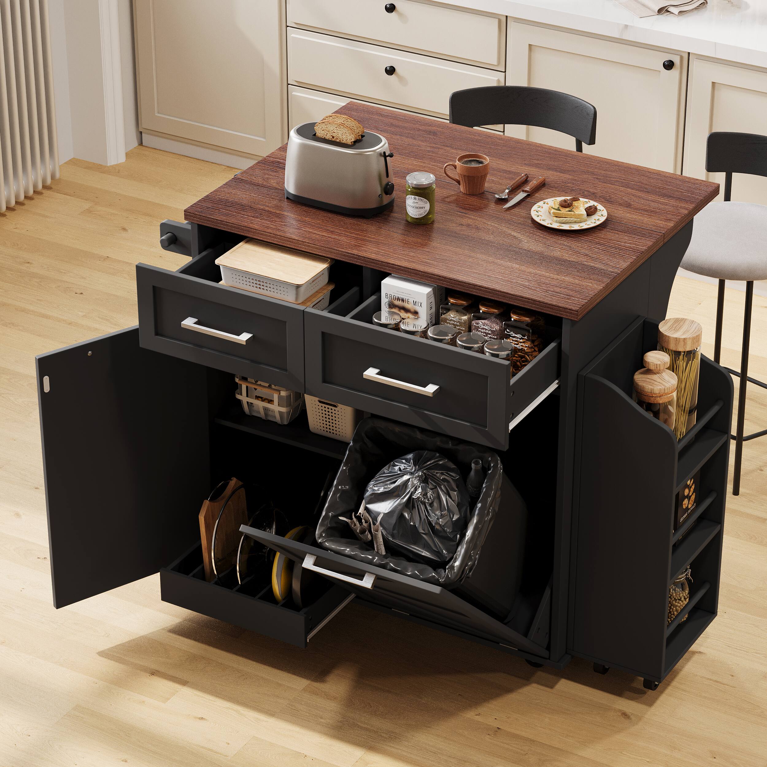 Back. GOODSILO - 47.2"" Farmhouse Kitchen Island with Drop Leaf, Rolling Kitchen Cart, Storage, Drawers & Towel Rack - Black.