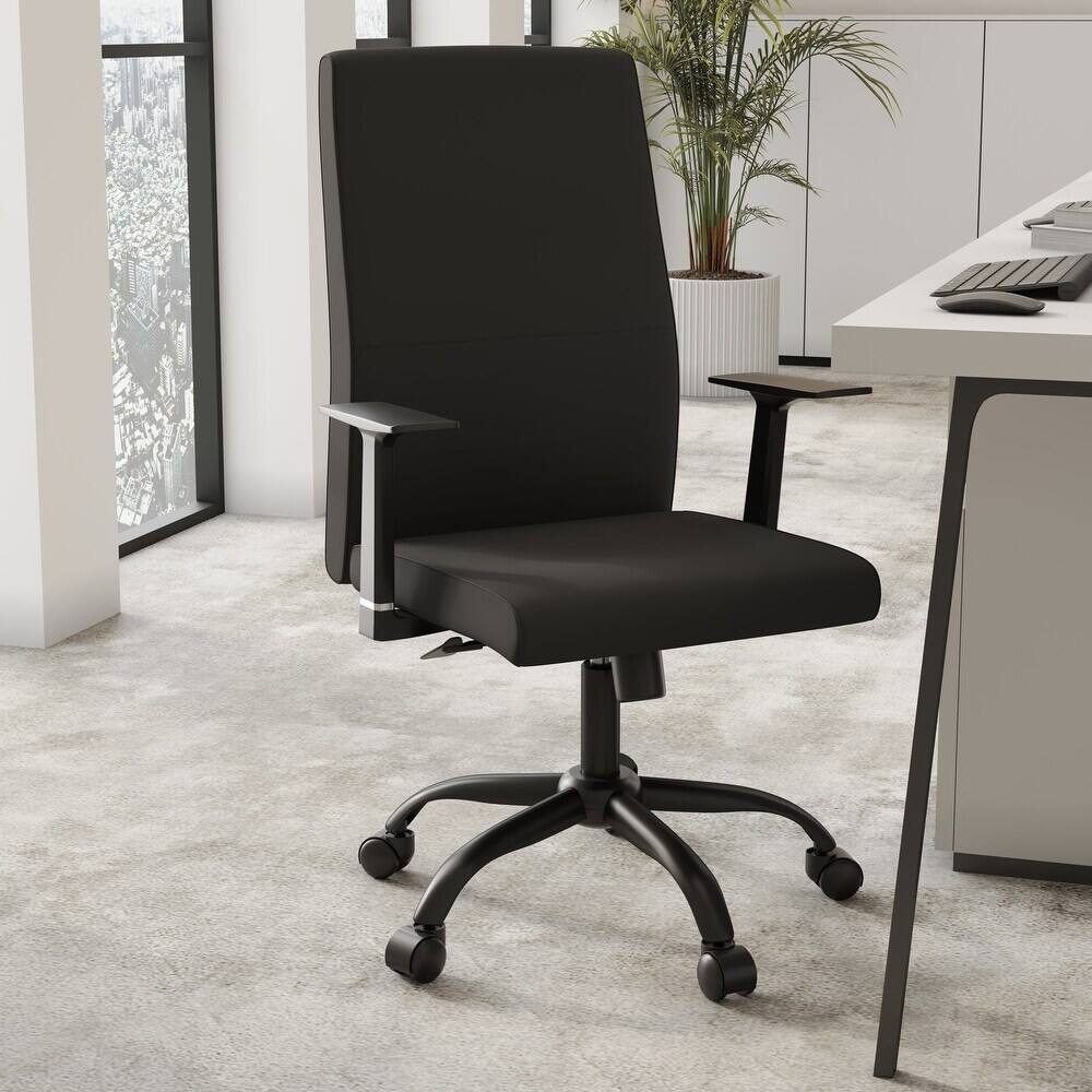 Angle. LeisureMod - Evander Leather Office Chair Aluminum Frame with Adjustable Height, Swivel, Ergonomic Desk Chair - Black.