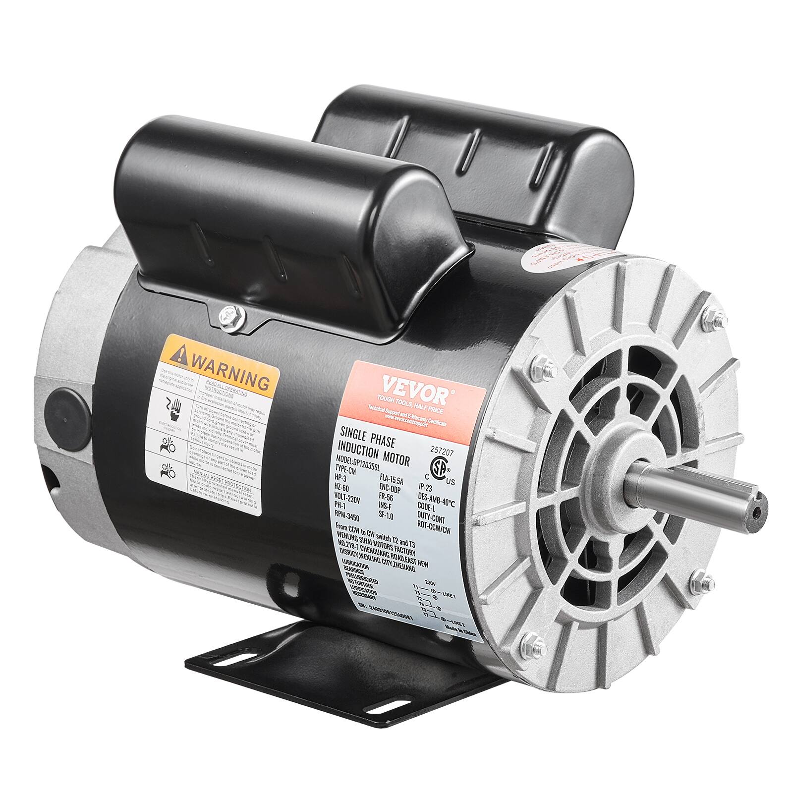 WARNING

Technical VEVOR TOUGH Support: TOOLS, HALF PRICE IT L-Korate Cartificate SINGLE PHASE INDUCTION MOTOR MODEL: OP120356L TYPE: OM C C-SH FLA: 15.5A US 60 900-3M3 IP: 23 VOLT: 230/4 FR: 56 DES: AMB-40C PH: 1 INS: F CODE: L RPM: 3450 SF: 10 DUTY: CONT CCW to ON SIHAI switch 7.2 MOTORS 73 TRAZOAOR FACTORY ZHENANG NEW PRESUBRICATED NEW