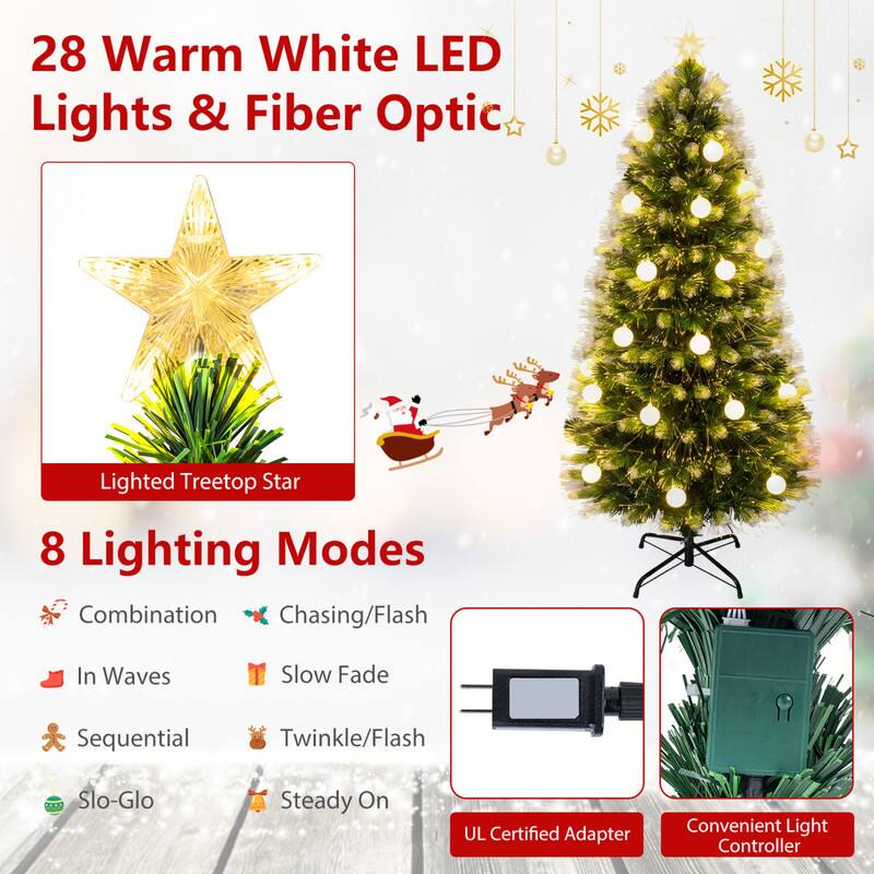28 Warm White LED Lights & Fiber Optic Lighted Treetop Star

8 Lighting Modes
- Combination
- Chasing/Flash
- In Waves
- Slow Fade
- Sequential
- Twinkle/Flash
- Slo-Glo
- Steady On

UL Certified Adapter
Convenient Light Controller