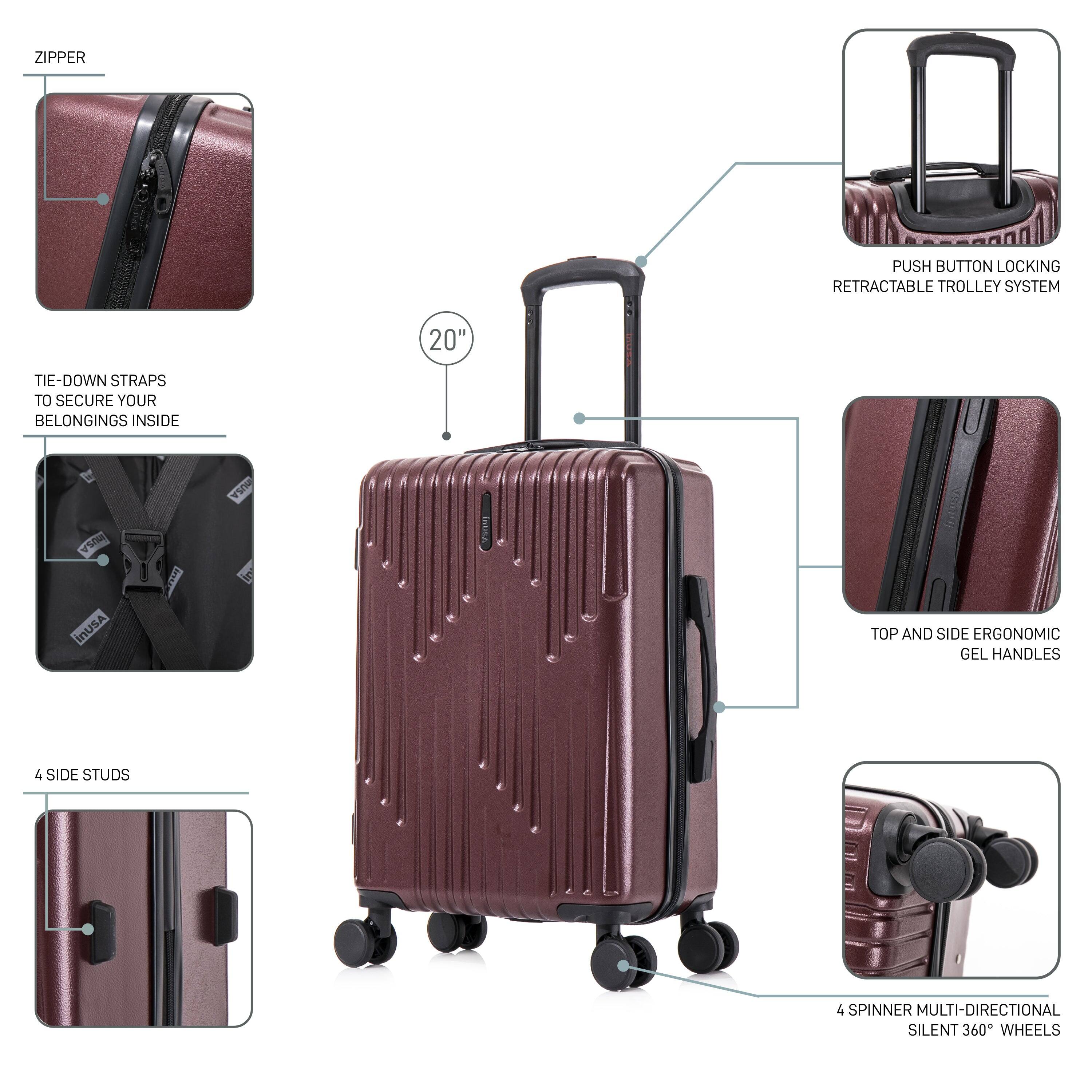 - ZIPPER
- TIE-DOWN STRAPS TO SECURE YOUR BELONGINGS INSIDE
- PUSH BUTTON LOCKING RETRACTABLE TROLLEY SYSTEM
- TOP AND SIDE ERGONOMIC GEL HANDLES
- 4 SIDE STUDS
- 4 SPINNER MULTI-DIRECTIONAL SILENT 360° WHEELS