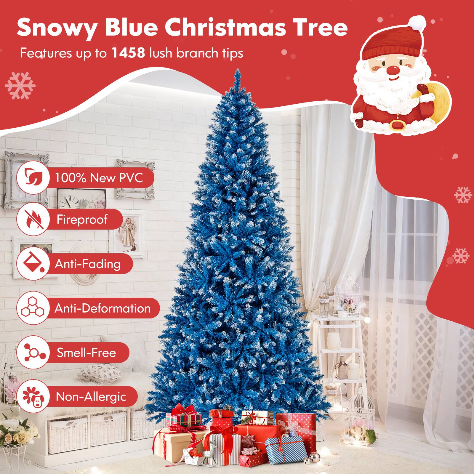 Snowy Blue Christmas Tree  
Features up to 1458 lush branch tips  
100% New PVC  
Fireproof  
Anti-Fading  
Anti-Deformation  
Smell-Free  
Non-Allergic