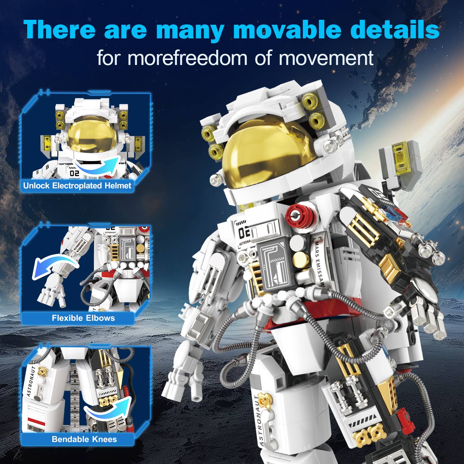 There are many movable details for more freedom of movement

- Unlock Electroplated Helmet
- Flexible Elbows
- Bendable Knees