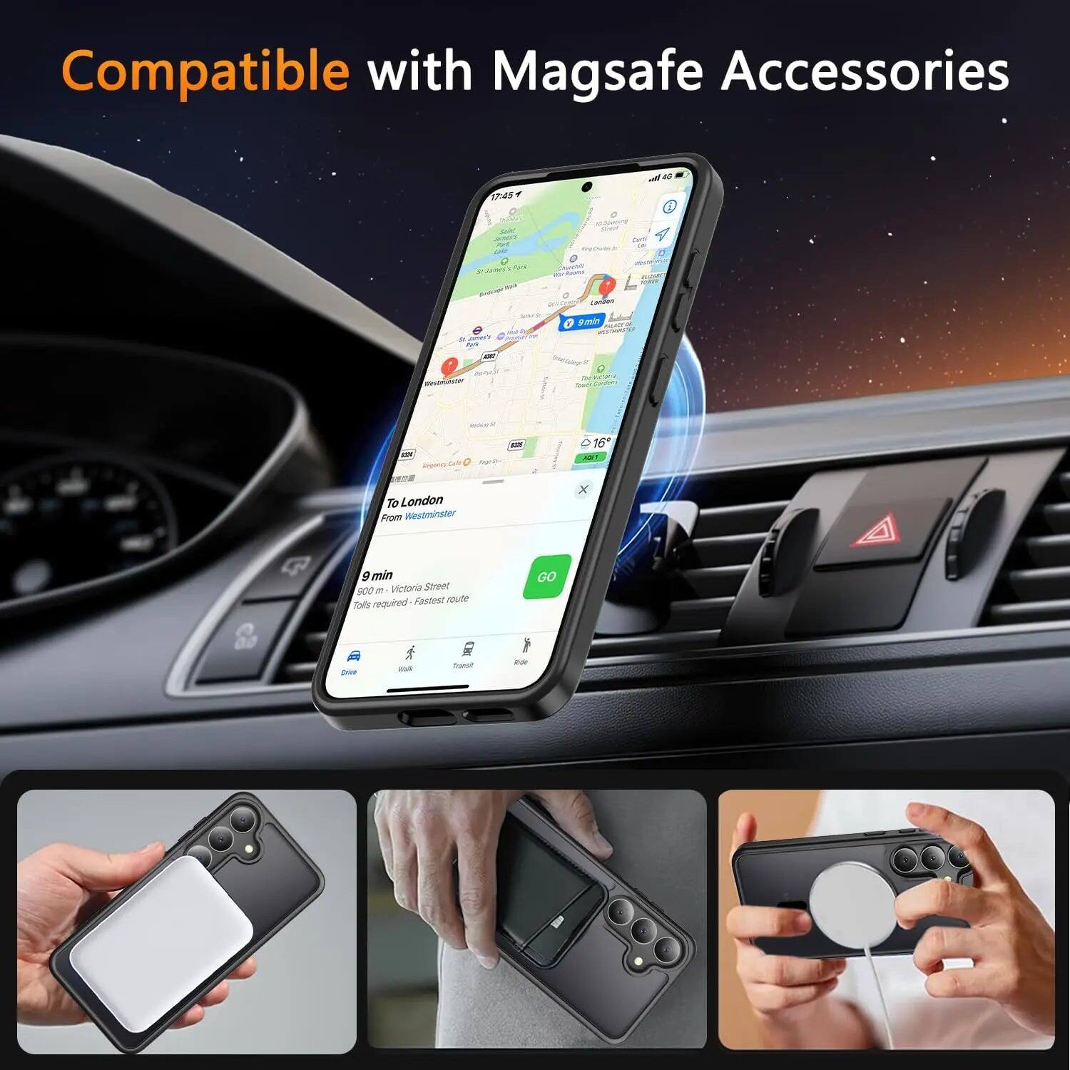 Compatible with Magsafe Accessories

4G
17:45

SUGARIES Apply
Avo
DOVAL  9min 
132
WinsOminSter
aus
16
To London From Westminster
X
9 min 900 ft Victoria Street Fastest route Tolls required
GO
Celive
f
Trans?
Ride