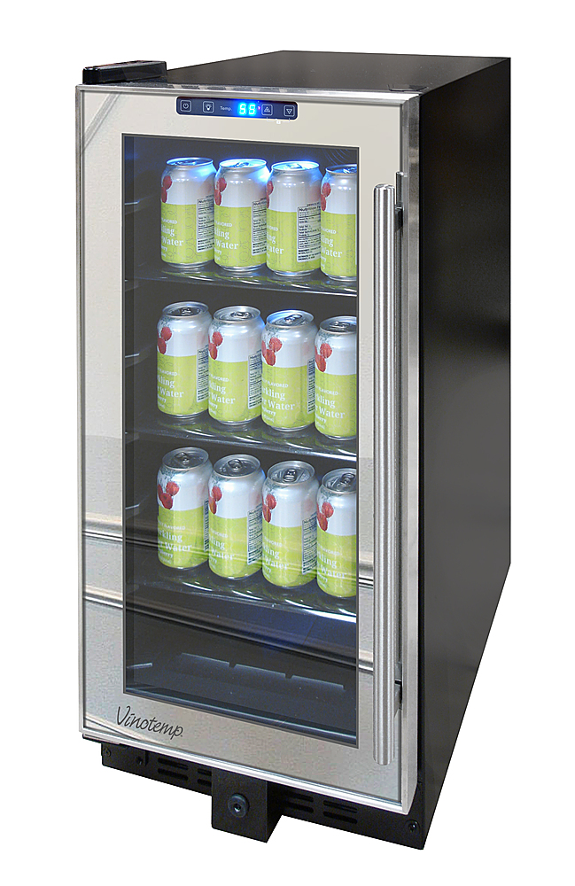 Left View: Vinotemp - 68-Can Beverage Cooler with Mirrored Trim - Silver
