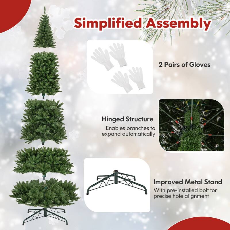 Simplified Assembly

2 Pairs of Gloves

Hinged Structure
Enables branches to expand automatically

Improved Metal Stand
With pre-installed bolt for precise hole alignment