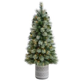 BreeBe - 4.5' Nova Scotia Xmas Tree in Planter and 120 LED Lights - White, Green