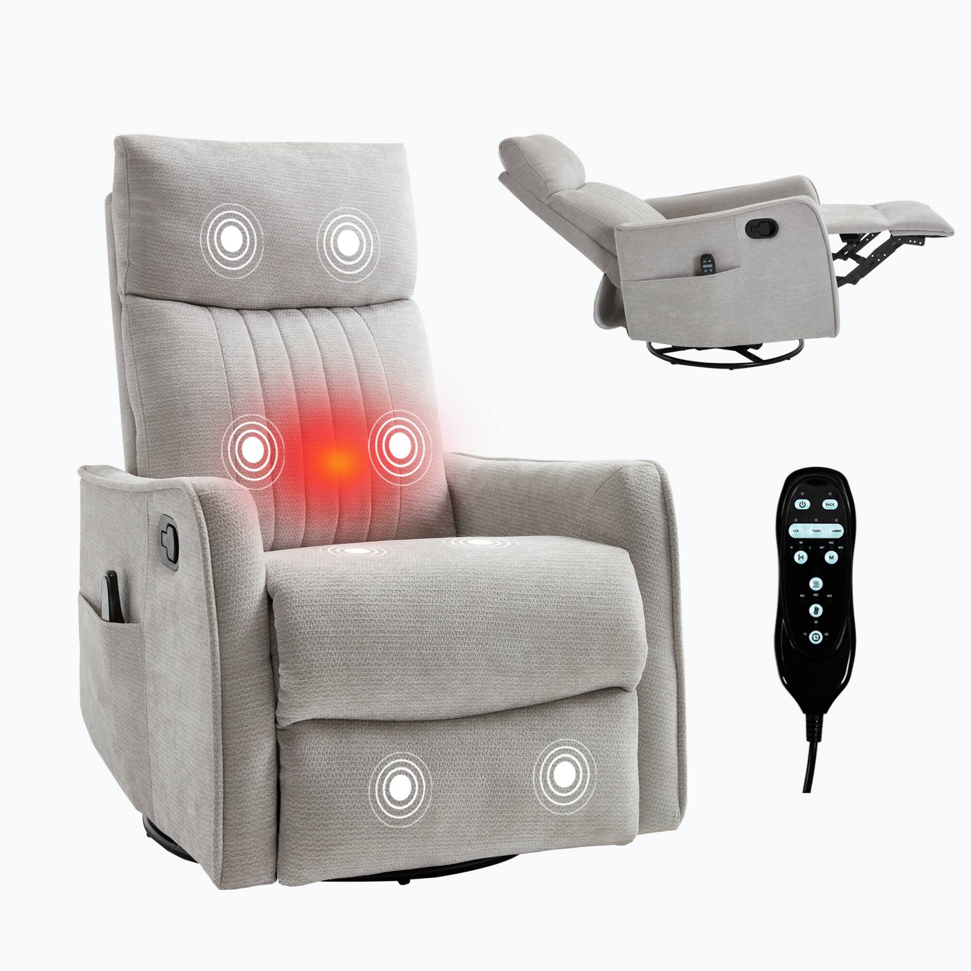 Alt View 10. GOODSILO - Fabric Recliner Chair with Swivel Rocker Heat Massage and Vibrating Nodes for Ultimate Relaxation - Light Gray.