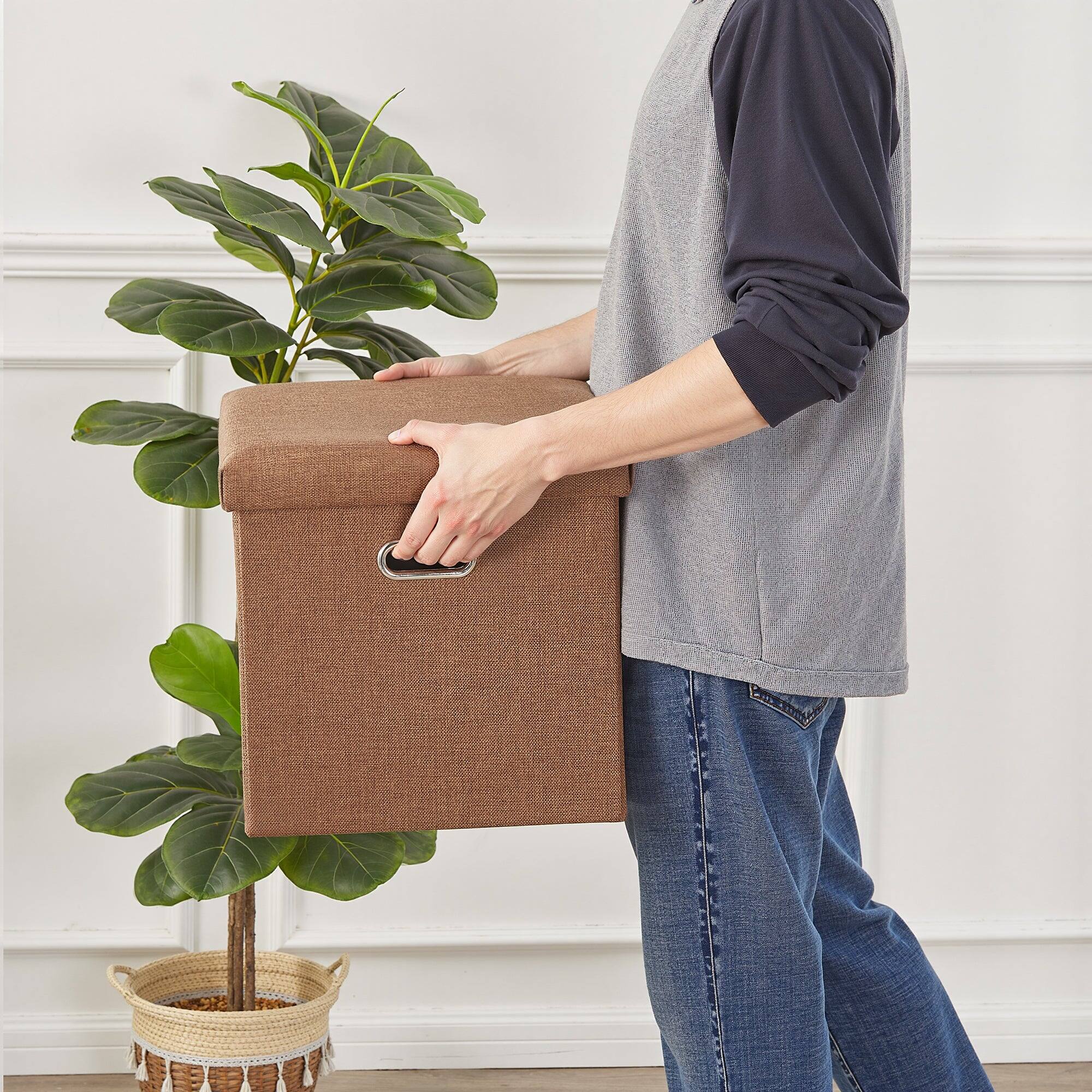 Back. Vecelo - 15" Storage Ottoman Bench with Lid, Folding Ottoman Bench, Linen Storage Bench for Bedroom Living Room - Brown.