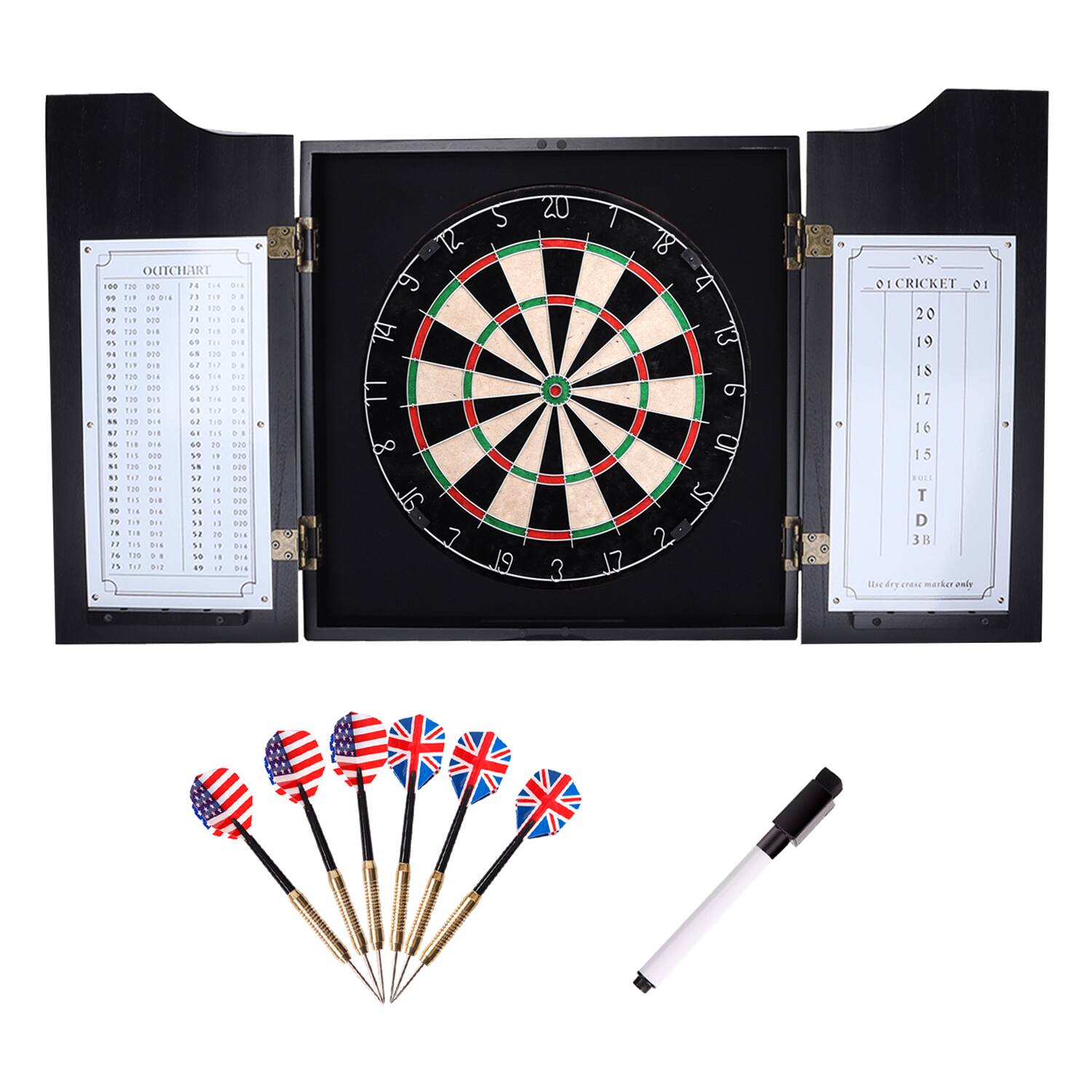 GSE Games & Sports Expert - Dartboard Cabinet with Sisal/Bristle Dartboard, Dart Scoreboard, and 6 Steel Tip Darts - Black