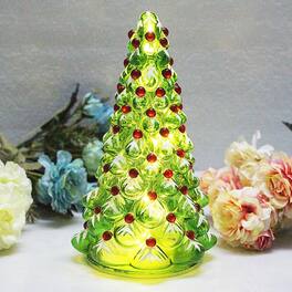RTMB - Hand-Painted Glass Christmas Tree with Timer, Lighted Tabletop Tree Lamp, Battery-Operated Holiday Decor, 8" - Green