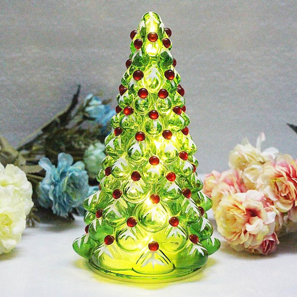 Front. RTMB - Hand-Painted Glass Christmas Tree with Timer, Lighted Tabletop Tree Lamp, Battery-Operated Holiday Decor, 8" - Green.
