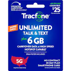 UNLIMITED TALK & TEXT PLUS 6 GB CARRYOVER DATA AT HIGH SPEED HOTSPOT CAPABLE. SPAM FILTER INCLUDED. 5G COMPATIBLE. NO CONTRACT. 30-DAY PLAN. SMARTPHONE CARD.