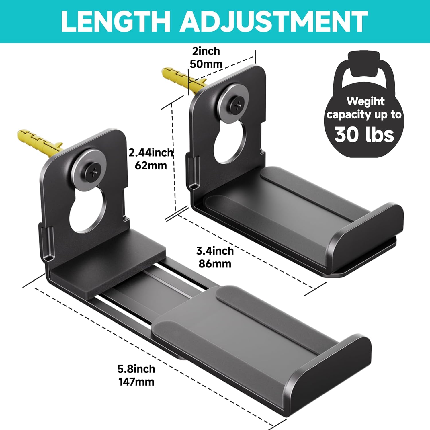 LENGTH ADJUSTMENT

- 2 inch / 50 mm
- 2.44 inch / 62 mm
- 3.4 inch / 86 mm
- 5.8 inch / 147 mm

Weight capacity up to 30 lbs