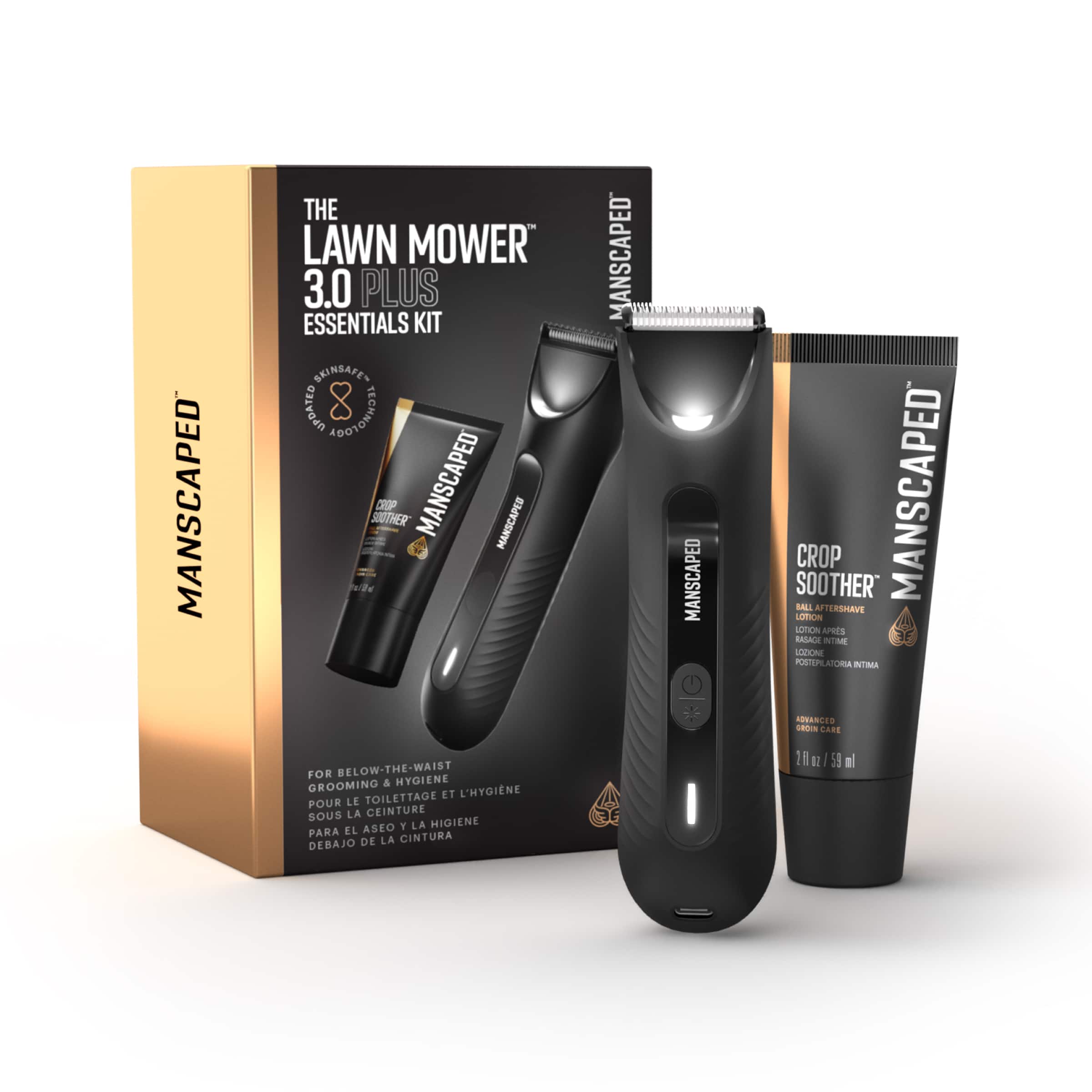 Manscaped The Lawn Mower 3.0 Plus Essentials Kit BkInSafe Technology 8 Soother Crop - Aftershave Lotion - Notion - Post-Razor Lotion - Pre-Shave Lotion - Aftershave Lotion - Moisturizing Crop Oil - Manscaped - Below-The-Waist Grooming & Hygiene Toiletries Kit.