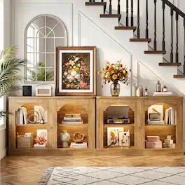 Aheaplus - 94" Arched Farmhouse Console Table: LED Lights, Adjustable Shelves, Entryway/Living Room ,Ships in 2 Packages - Natural Oak