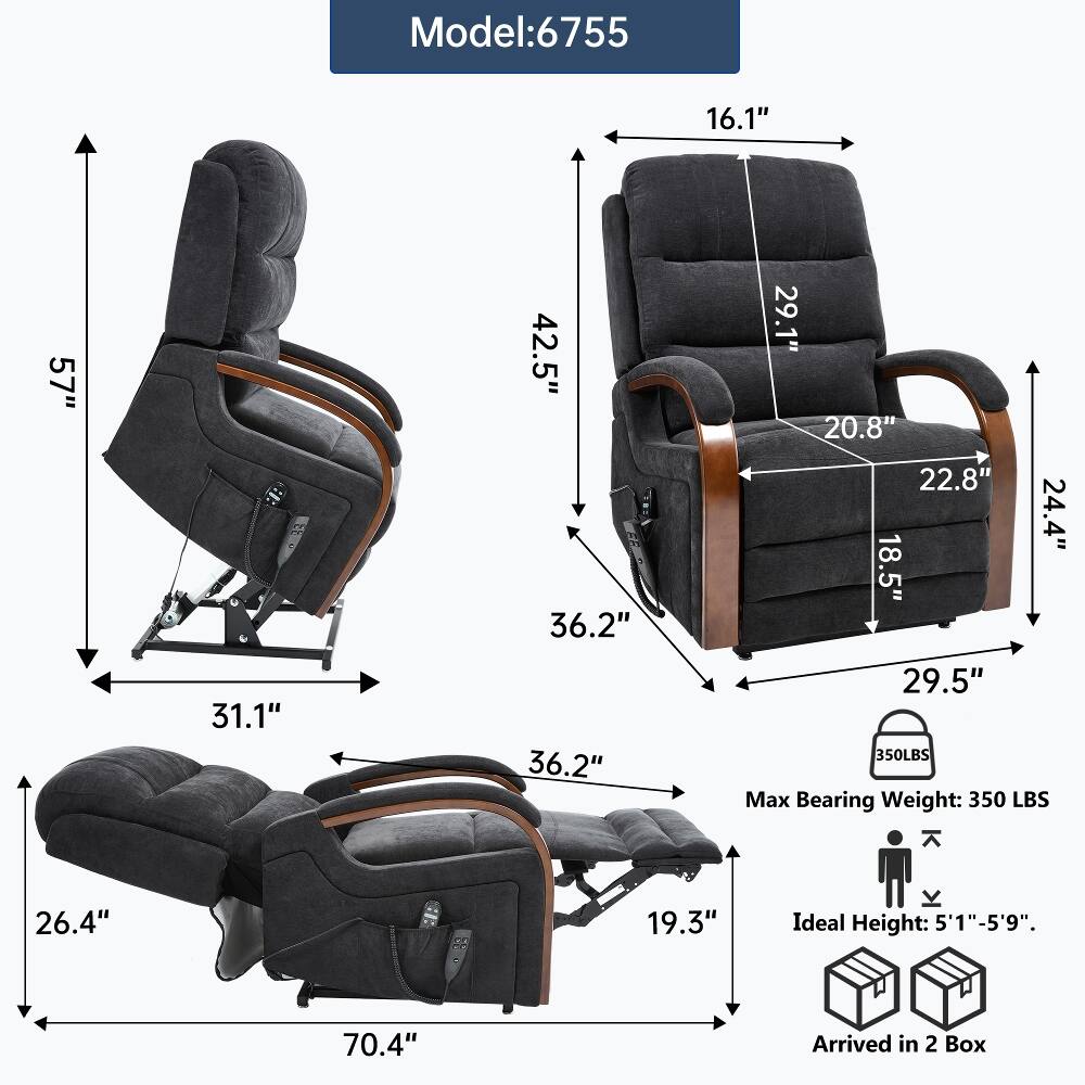 Model: 6755

- Height: 57"
- Width: 31.1"
- Depth: 42.5"
- Seat Width: 36.2"
- Seat Depth: 36.2"
- Armrest Height: 29.1"
- Seat Height: 20.8"
- Armrest Width: 22.8"
- Footrest Height: 18.5"
- Footrest Depth: 24.4"
- Footrest Width: 29.5"
- Max Bearing Weight: 350 LBS
- Reclined Height: 26.4"
- Reclined Depth: 19.3"
- Ideal Height: 5'1" - 5'9"
- Total Length: 70.4"
- Arrived in 2 Box