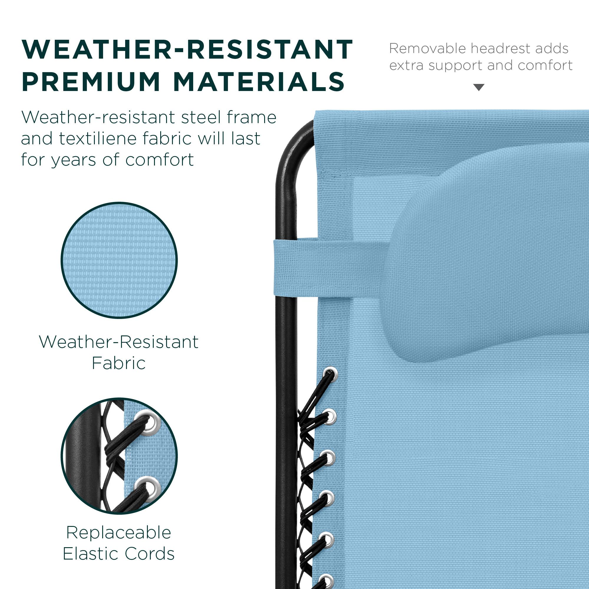 WEATHER-RESISTANT PREMIUM MATERIALS

Weather-resistant steel frame and textilene fabric will last for years of comfort

Weather-Resistant Fabric

Replaceable Elastic Cords

Removable headrest adds extra support and comfort
