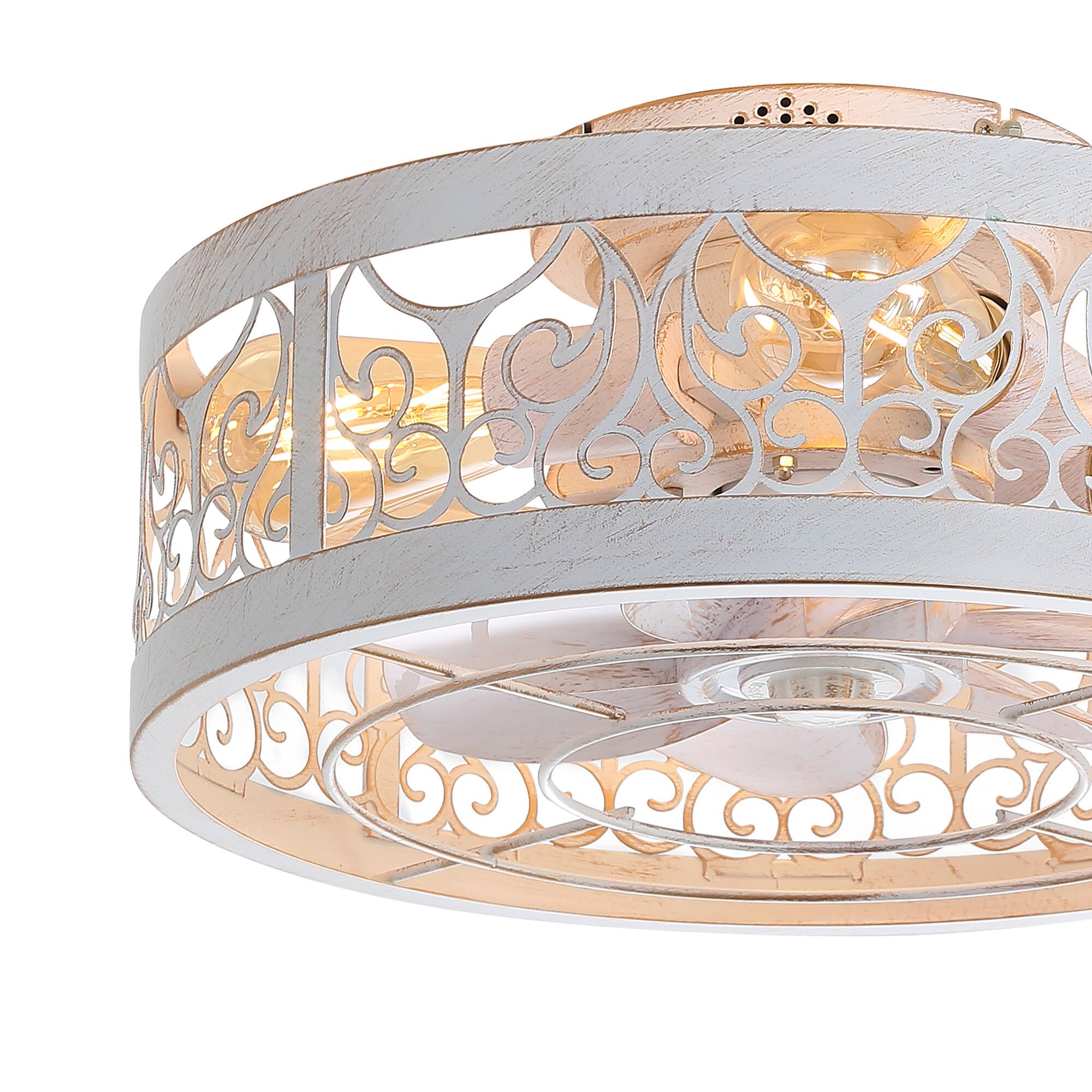 Left. Breezary - 16.5" Modern Flush Mount Caged Ceiling Fan with 7 ABS Blades, DC Motor, 6-Speed Remote Control with Timer - Distressed White and Gold.