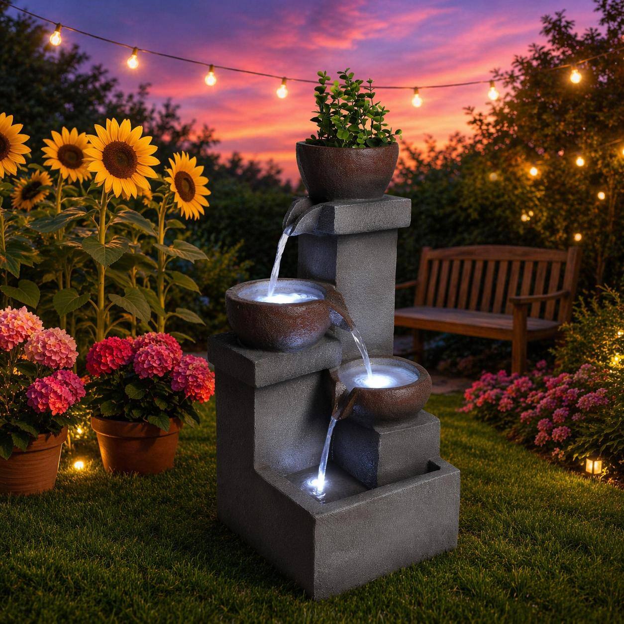 Alt View 4. RYHNUYNE - Outdoor Water Fountain with Planter – Tiered Cascading Jar Waterfall Resin Garden Decor with LED Lights for Patio, Porch.