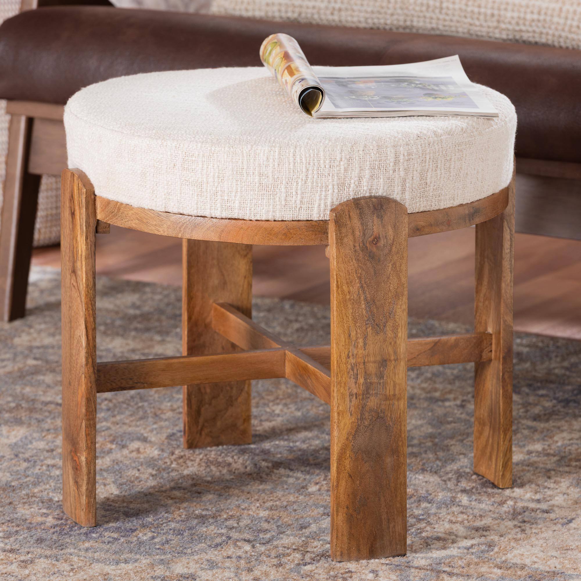 Alt View 2. Baxton Studio - Whitfield Round Fabric Ottoman Stool - Modern Accent Seating or Footstool with Upholstered Cushion and Mango Wood Frame - Ivory/Walnut Brown.