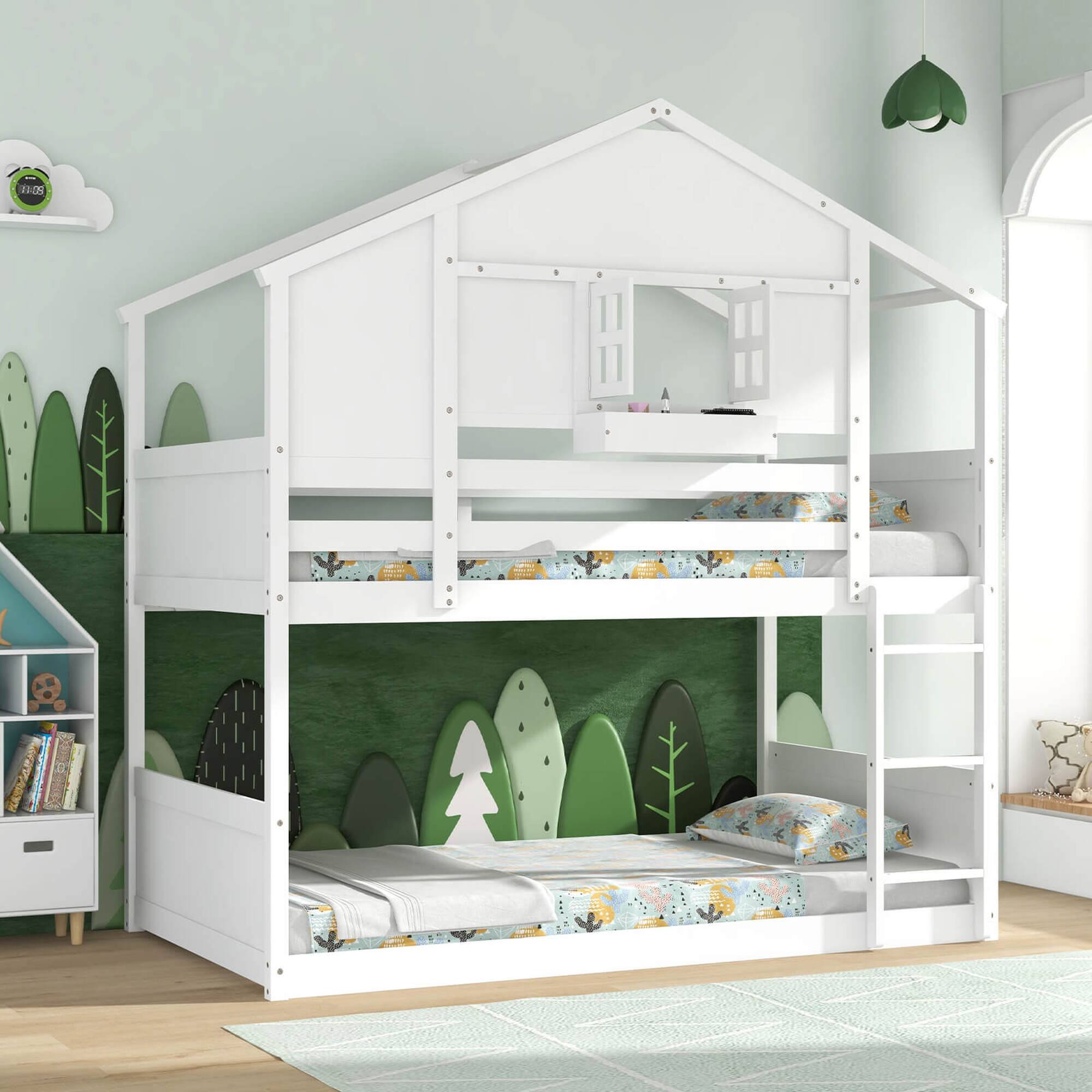 Alt View 5. Costway - Costway Twin Over Twin Bunk Bed for Kids with Roof Lockable Window Storage Box Wood Slats - White.