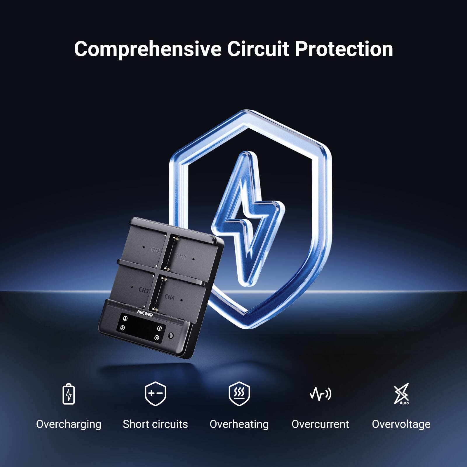 Comprehensive Circuit Protection

3 1 CH1 CH2 A CH3 CH4 NEEWER

+ $55

Due to Overcharging Short circuits Overheating Overcurrent Overvoltage
