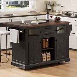 Whisen - 54.9" Kitchen Island with Drop Leaf & Power Outlet, Rolling Storage Cart with 4 Doors & 2 Drawers - Black