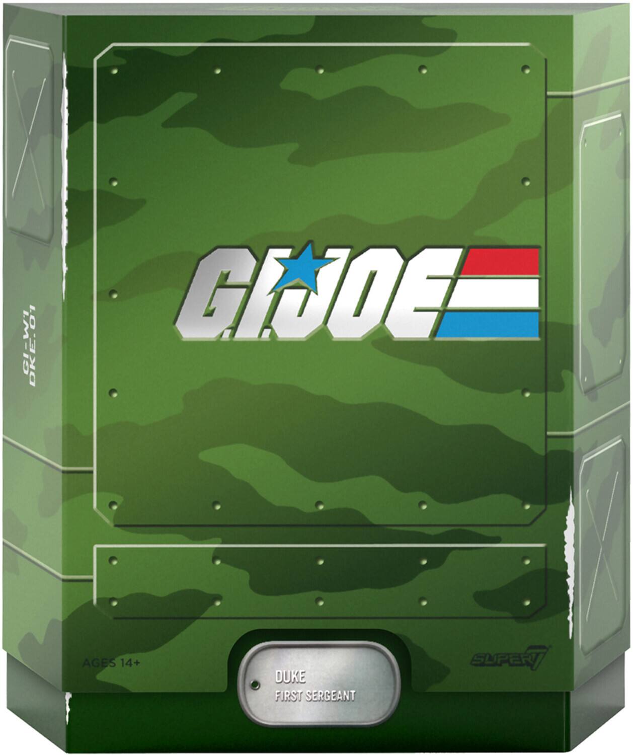 The corrected text is: "G.I. JOE DKE.01 CIJOE AGES 14+ DUKE FIRST SERGEANT SUPER"