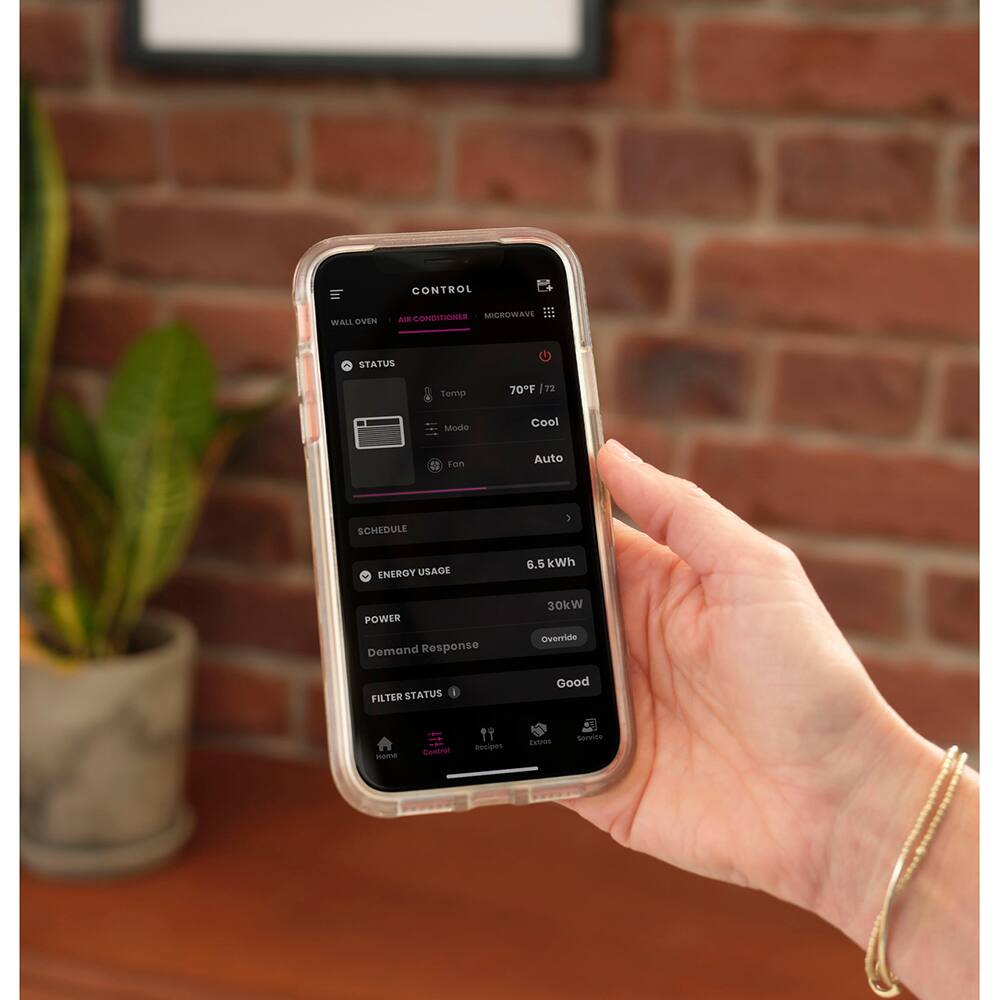 CONTROL  
WALL OVEN | AIR CONDITIONER | MICROWAVE  

STATUS  
Temp 70°F / 72  
Mode Cool  
Fan Auto  

SCHEDULE  
ENERGY USAGE 6.5 kWh  
POWER Demand Response 30kW Override  

FILTER STATUS Good  

Home | Control | Recipes | Cabvos | Service
