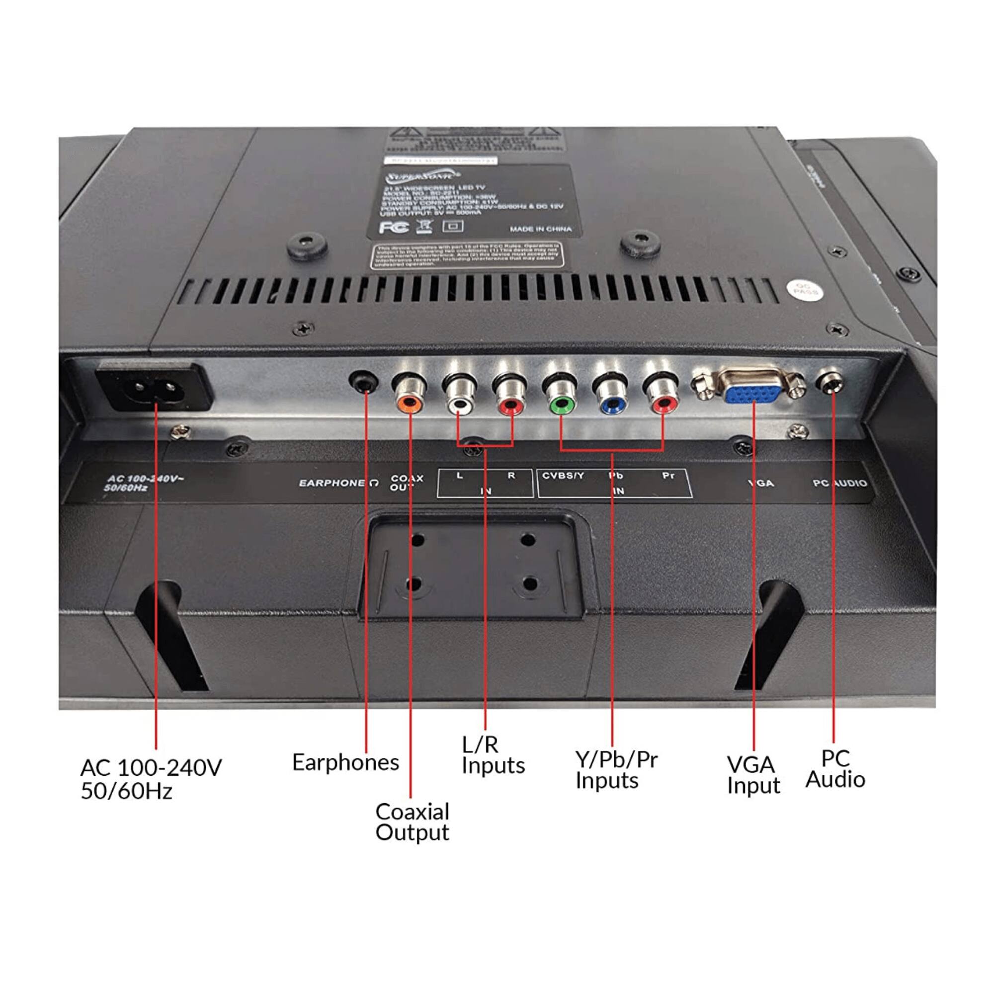 ORR TV POACA CEN - BUTPUT - FC T L & - TEV LAAUE m COSIA AC 100-2 40V- 50/0 EARPHONE C CO LX oU L I4 R CVBS/Y t IN E AD FC LUDIO AC 100-240V 50/60Hz L/R Earphones Inputs Coaxial Output Y/Pb/Pr Inputs VGA PC Input Audio