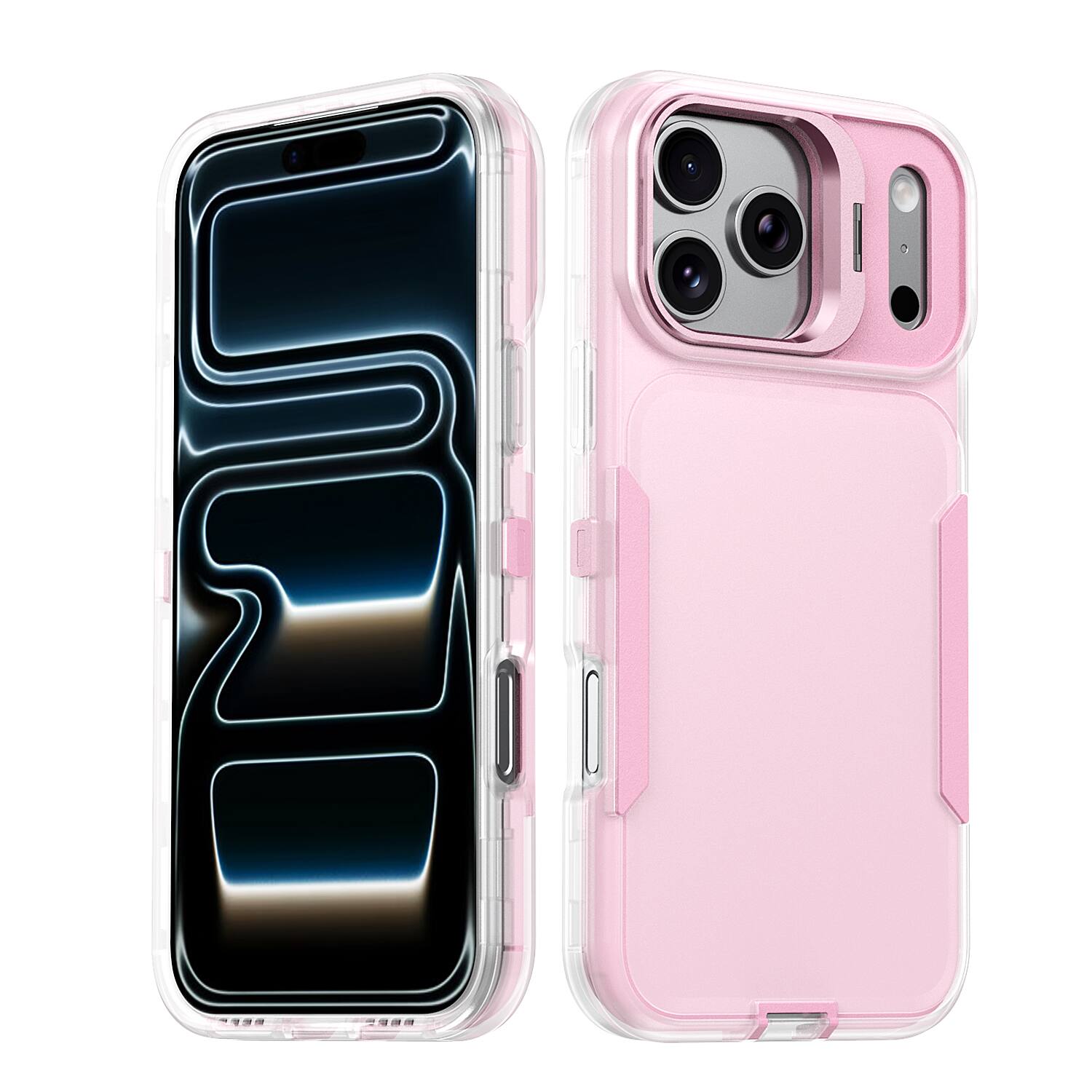 Angle. Dteck - Slim Phone Case for Apple iPhone 18 Pro with Camera Kickstand, Shockproof Rugged Protective Cover, Raised Edge Guard - Pink.