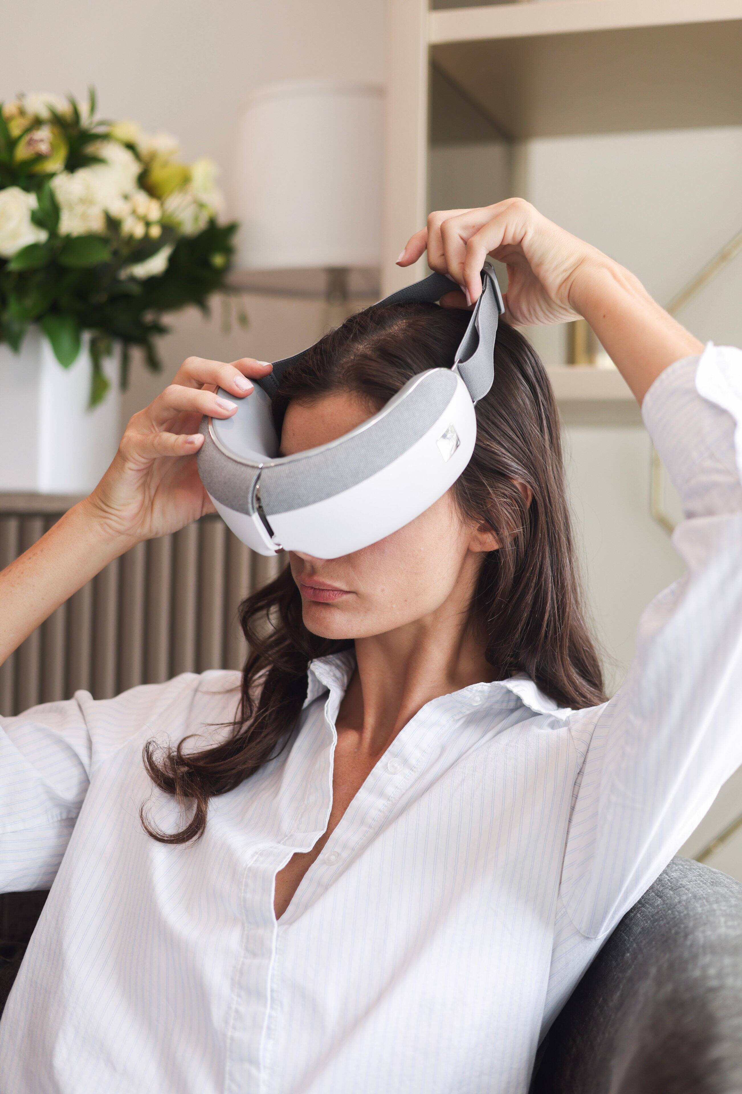 Left. Miko - Miko Gaze Eye Massager with Heat, Bluetooth Music, 4 Massage Modes, 4 Intensities, Ergonomic Fit, Eye Strain Relief - White.