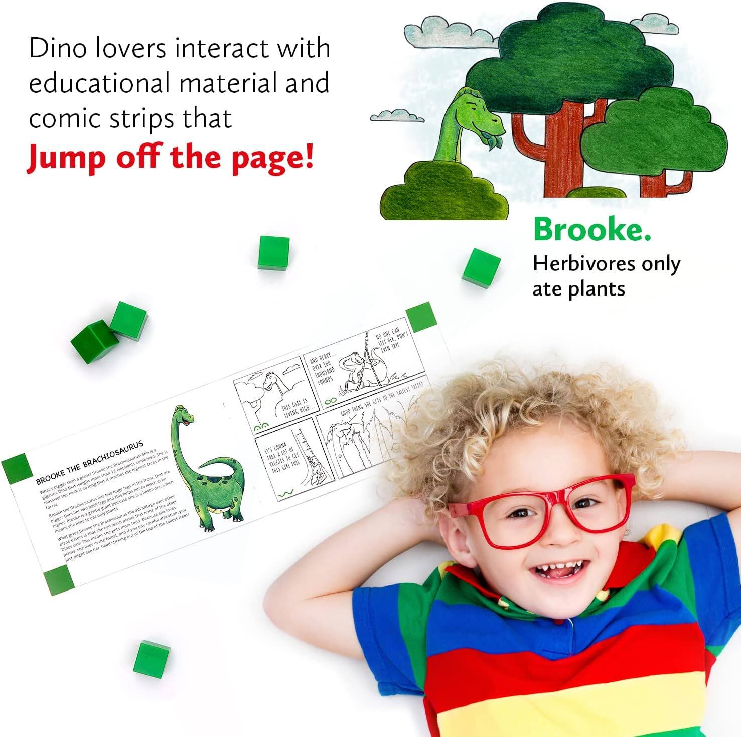 Dino lovers interact with educational material and comic strips that Jump off the page!

Brooke.
Herbivores only ate plants

BROOKE THE BRACHIOSAURUS

What's in a name? Brooke is a nickname for Brachiosaurus, which means "arm lizard." This dinosaur was one of the largest land animals that ever lived. It was a herbivore, meaning it only ate plants. Brooke was a gentle giant, with a long neck and a small head. It had a long tail to help it balance. Brooke was a slow mover, but it was a great climber. It could reach high into the trees to eat leaves and fruit. Brooke was a social dinosaur, living in herds. It was a peaceful creature, with no natural predators. Brooke was a herbivore, meaning it only ate plants. It was a gentle giant, with a long neck and a small head. It had a long tail to help it balance. Brooke was a slow mover, but it was a great climber. It could reach high into the trees to eat leaves and fruit. Brooke was a social dinosaur, living in herds. It was a peaceful creature, with no natural predators.