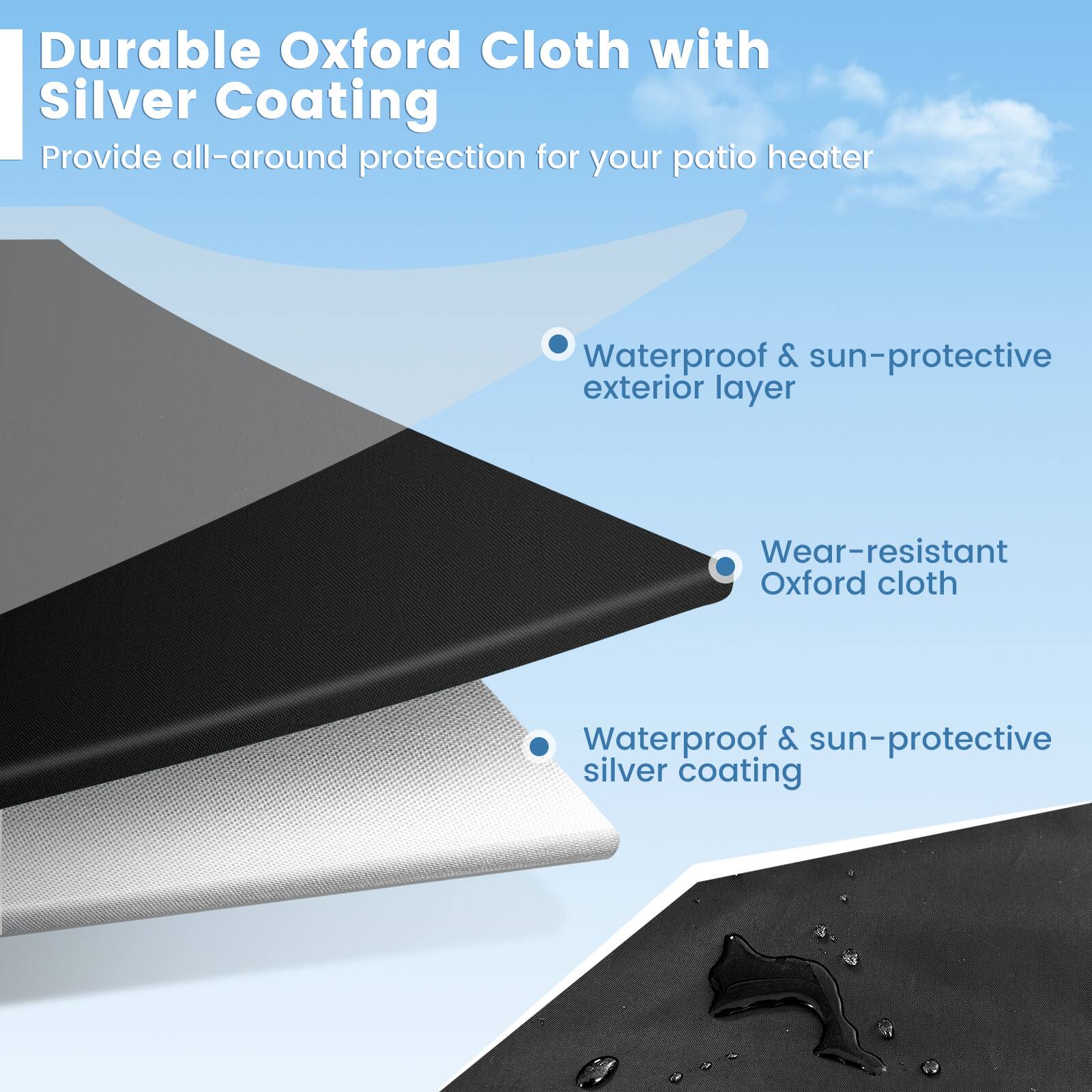 Durable Oxford Cloth with Silver Coating  
Provide all-around protection for your patio heater  

- Waterproof & sun-protective exterior layer  
- Wear-resistant Oxford cloth  
- Waterproof & sun-protective silver coating