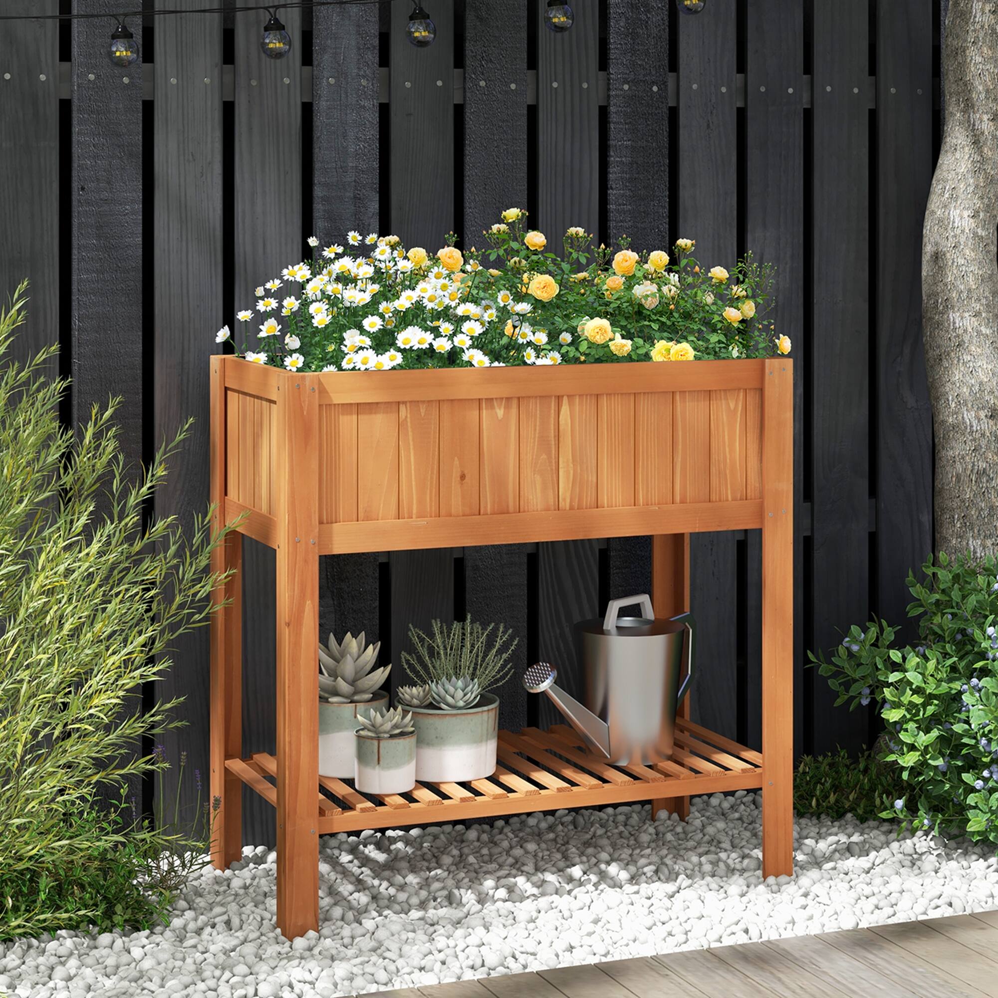 Alt View 3. Costway - Raised Garden Bed 39 x 20 x 39 in Outdoor Fir Wood Planter Box with Storage Shelf - Natural.