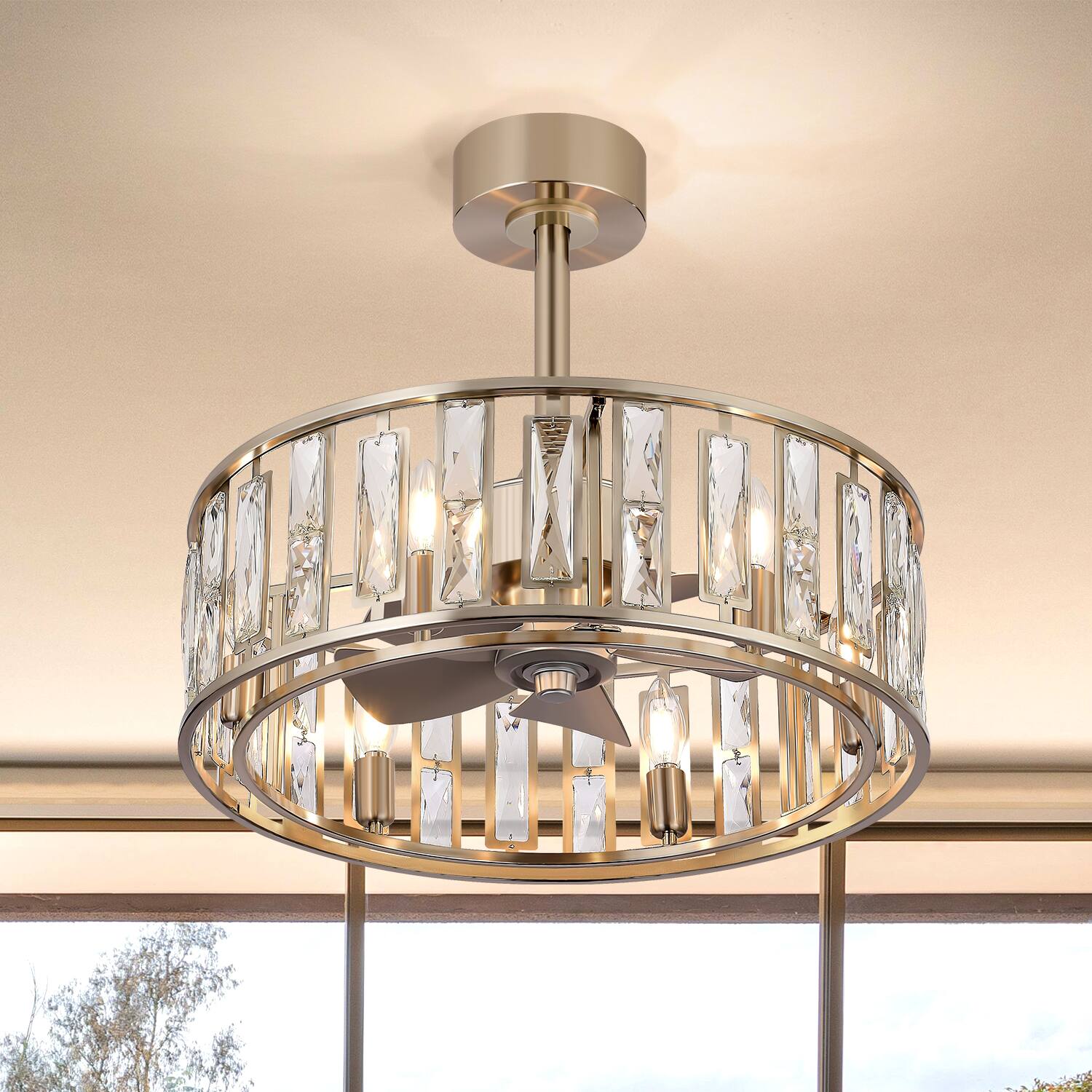 Angle. Breezary - 20-inch Caged Ceiling Fan with Light, DC Motor, 5-Blade, 6-Speed Remote, 6-Bulb Fixture, Timer, Downrod Mount - Sand Nickel & silver.