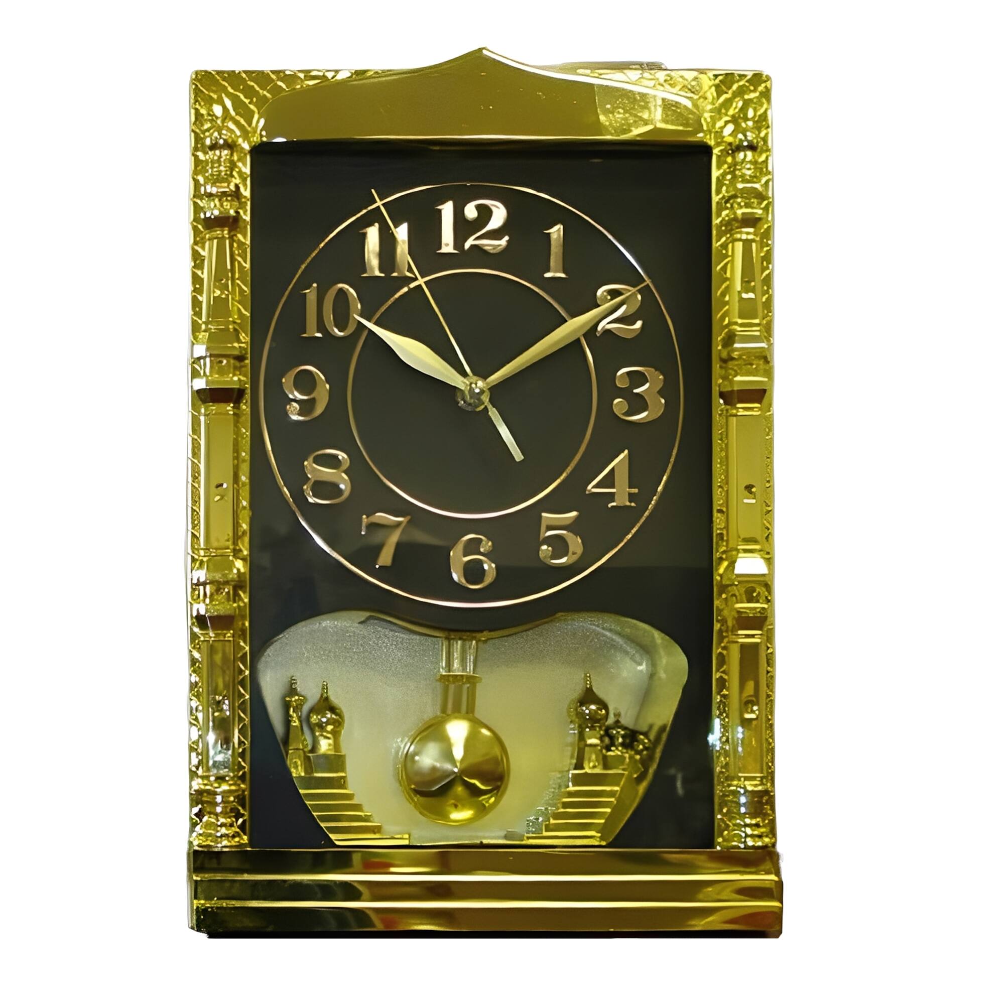 Front. FC Design - 13.5"H Golden & Black Islamic Theme Pendulum Wall Clock - Multicolor.