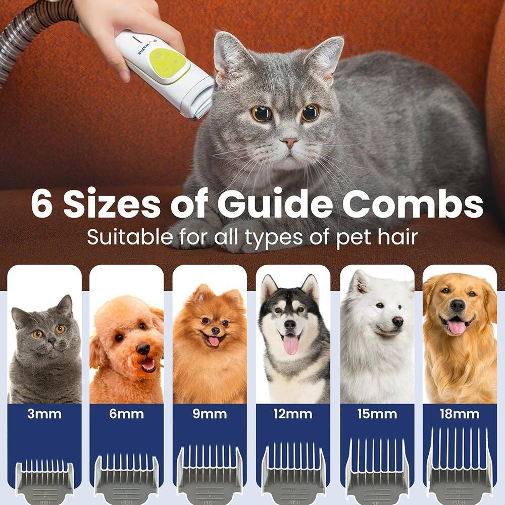 6 Sizes of Guide Combs  
Suitable for all types of pet hair  

3mm  
6mm  
9mm  
12mm  
15mm  
18mm